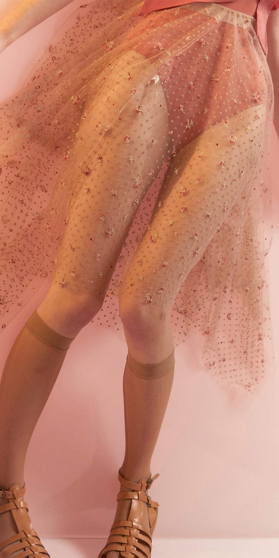 MEDITERRANEAN MEADOW – double layered long tulle skirt with embroidered flowers & flocked polka dots – nude/multicolor