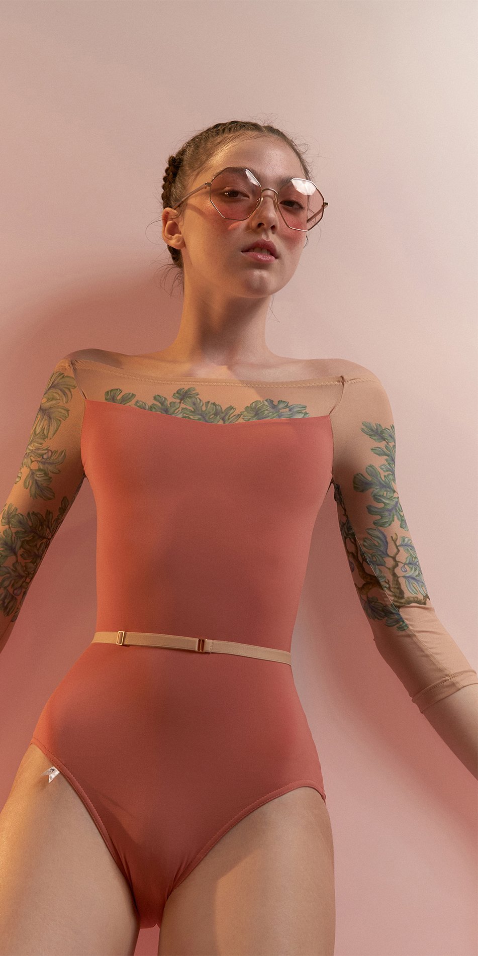 FIG TREE – coral low back layered leotard with tattoo