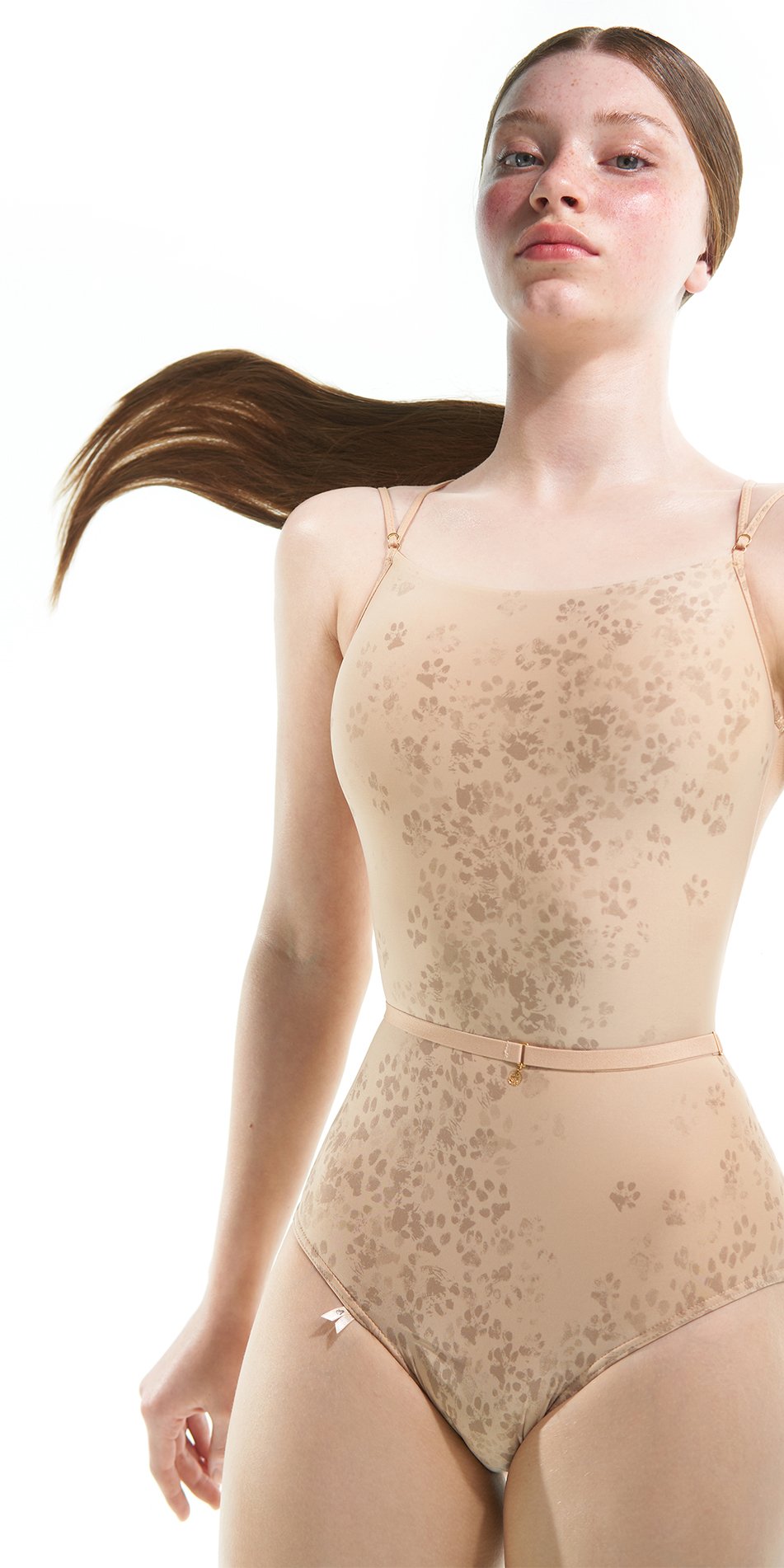 CAT paw print – cross back leotard – latte