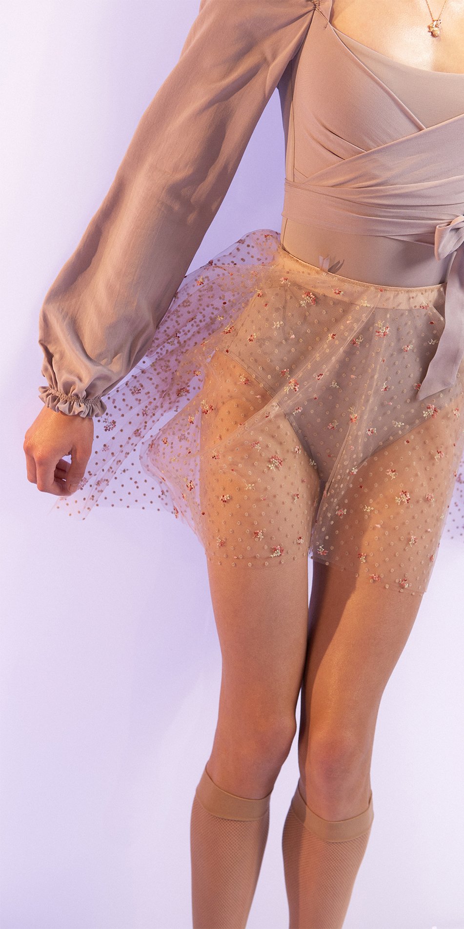 MEDITERRANEAN MEADOW – double layered short tulle skirt with embroidered flowers & flocked polka dots – nude/multicolor