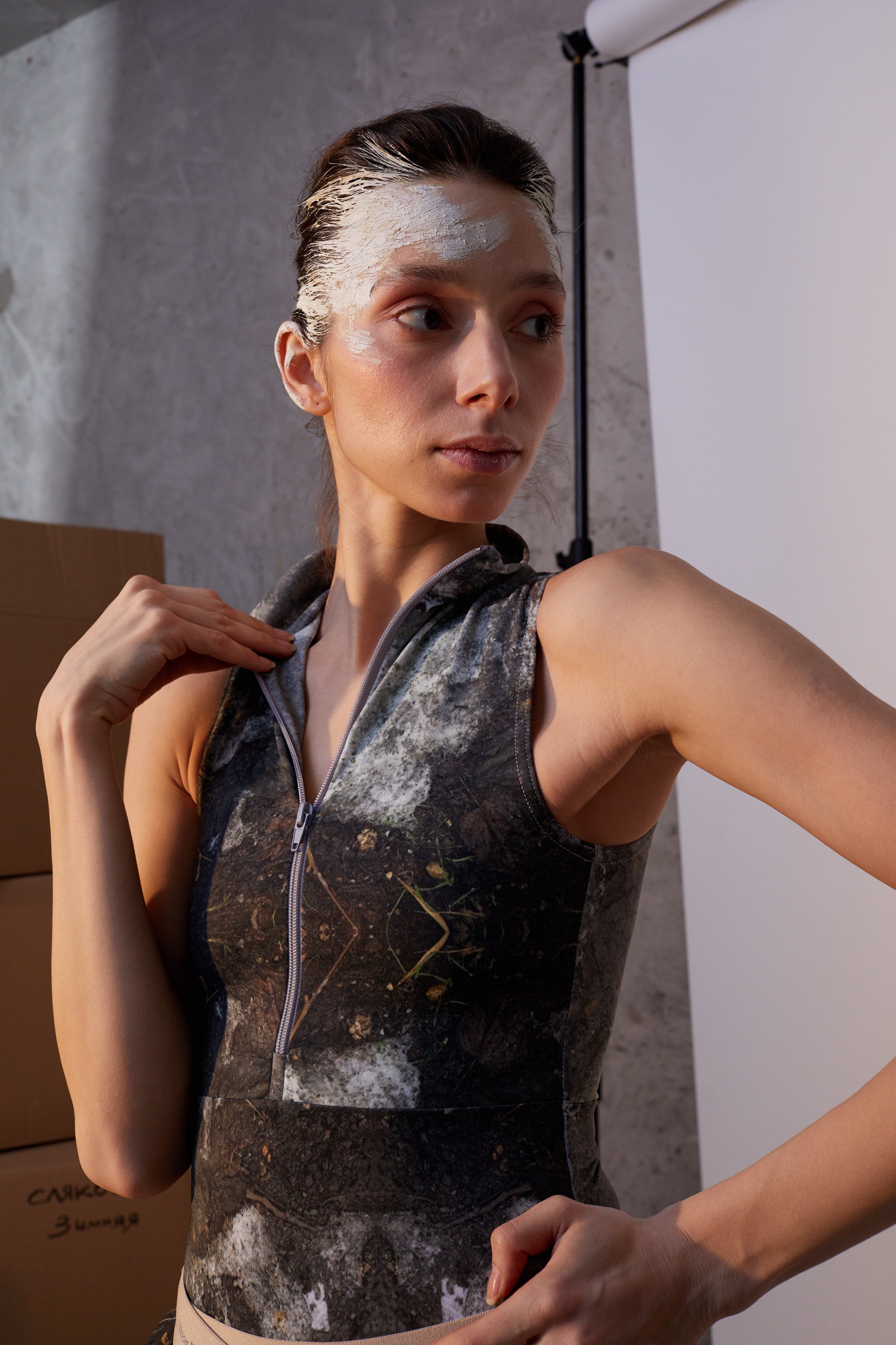 Zip leotard, stained in print | mud