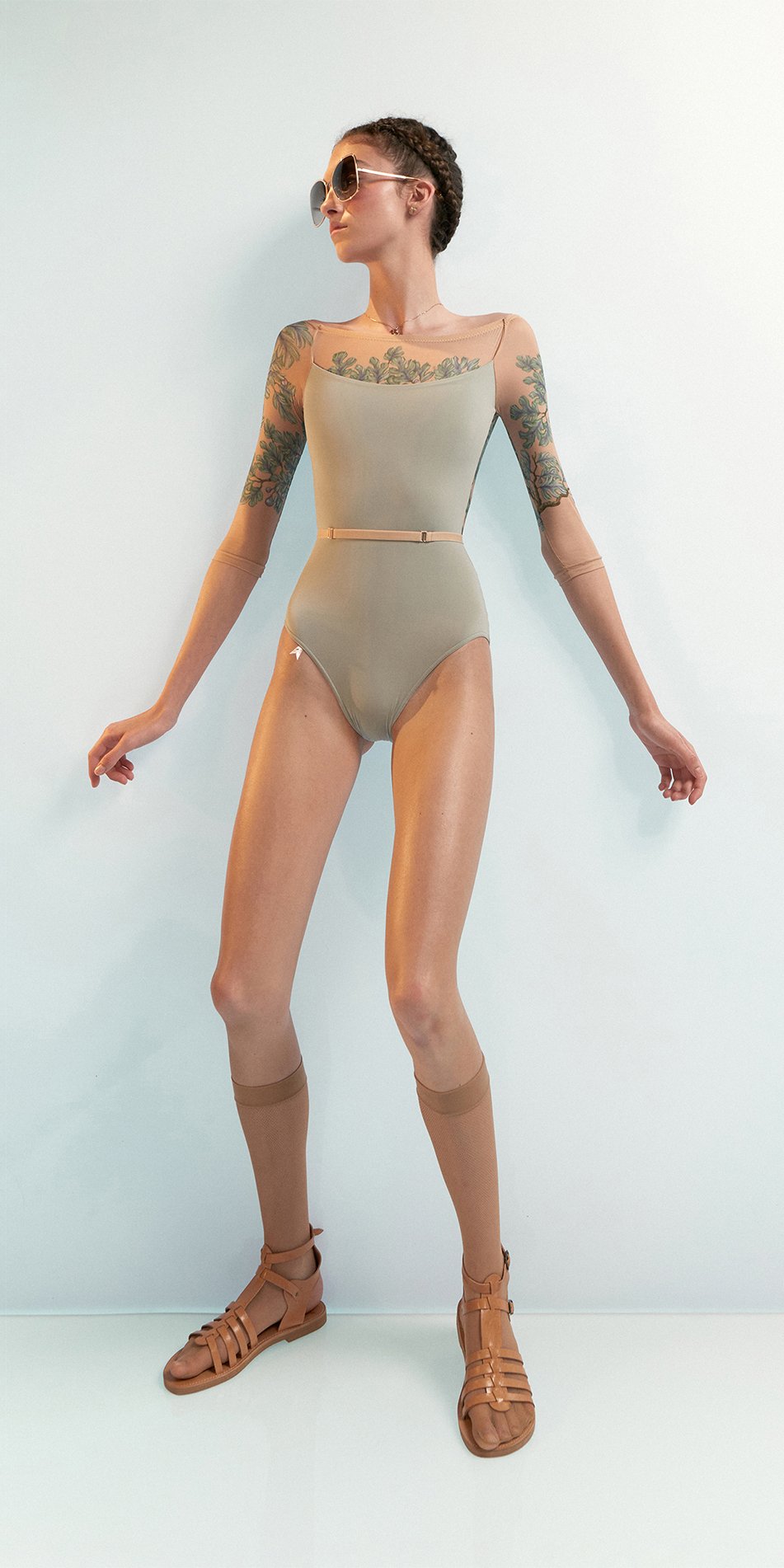 FIG TREE – sage low back layered leotard with tattoo