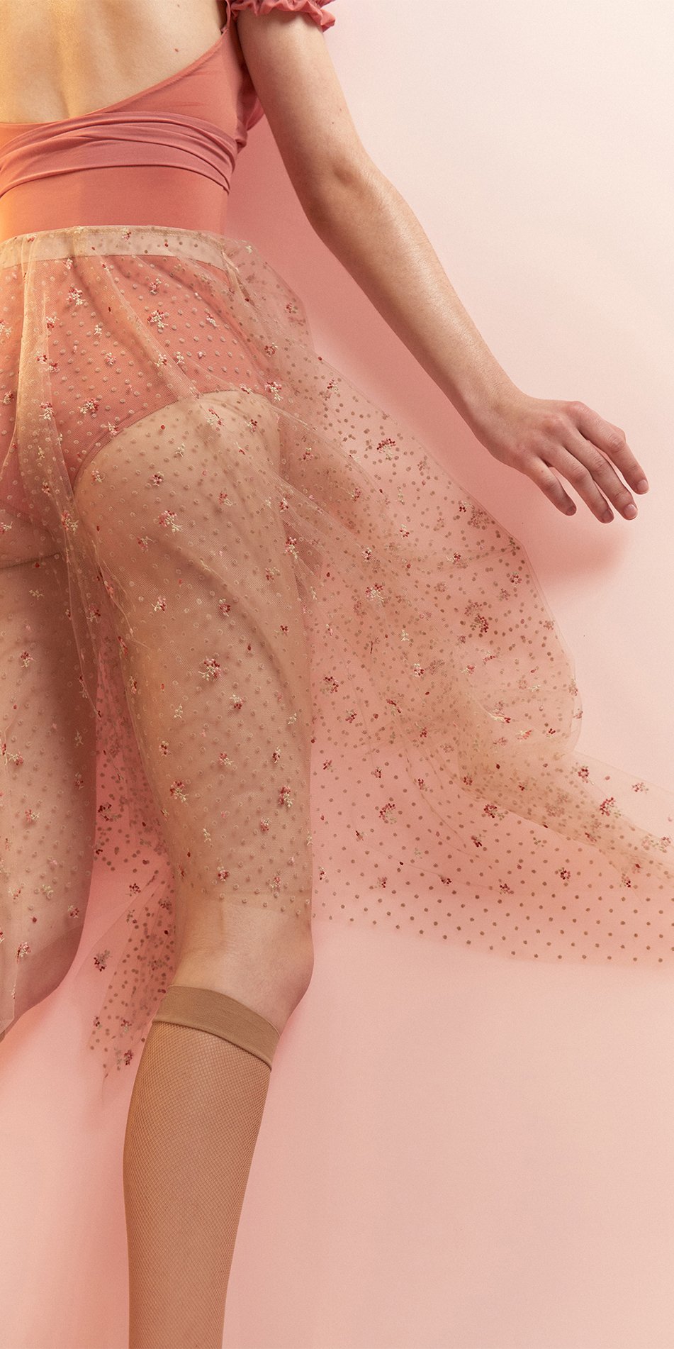 MEDITERRANEAN MEADOW – double layered long tulle skirt with embroidered flowers & flocked polka dots – nude/multicolor