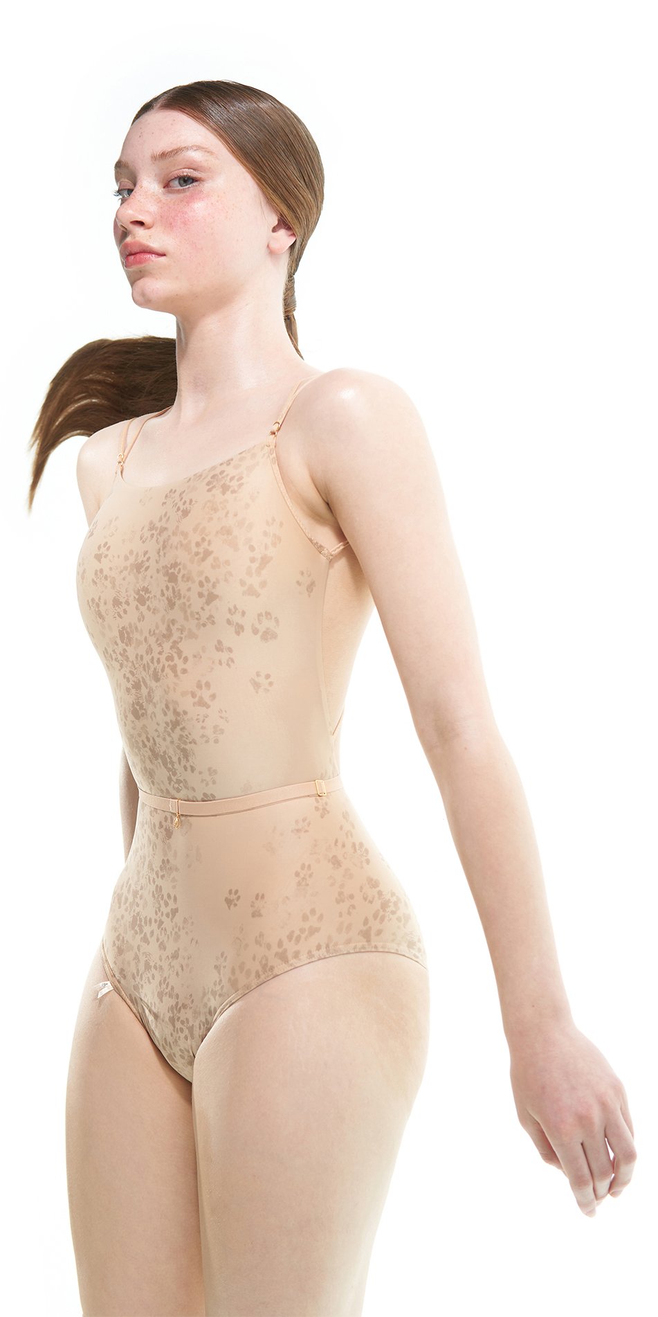CAT paw print – cross back leotard – latte