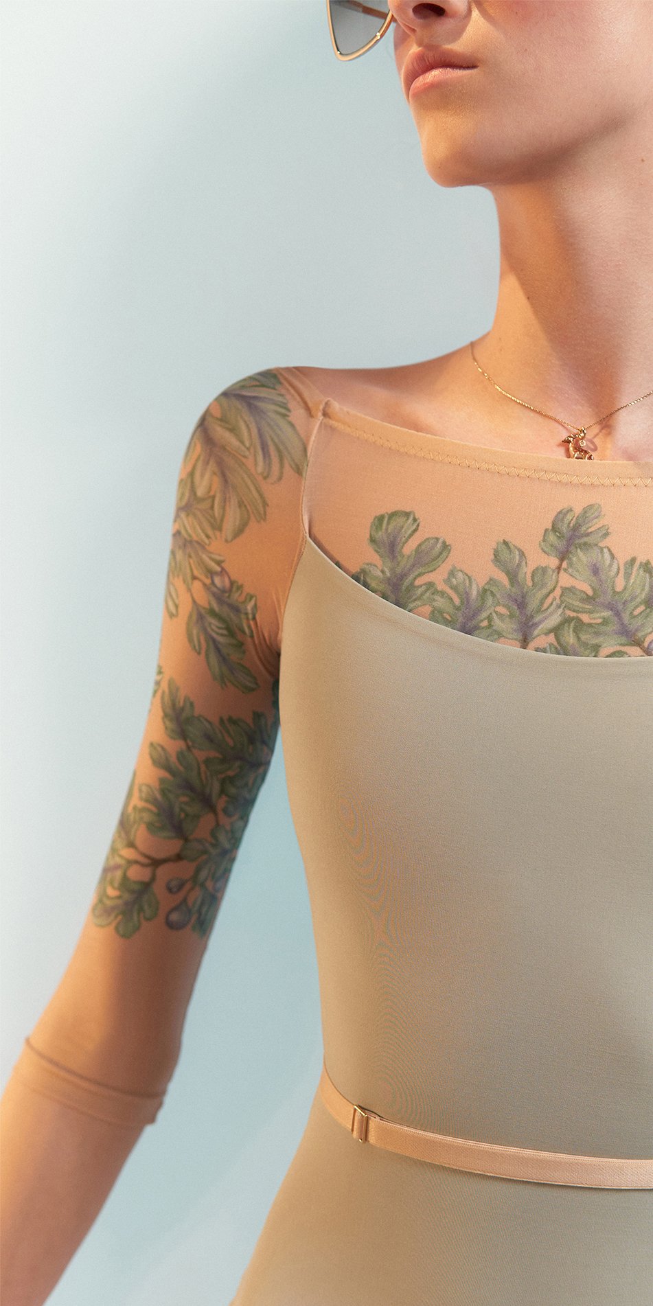 FIG TREE – sage low back layered leotard with tattoo