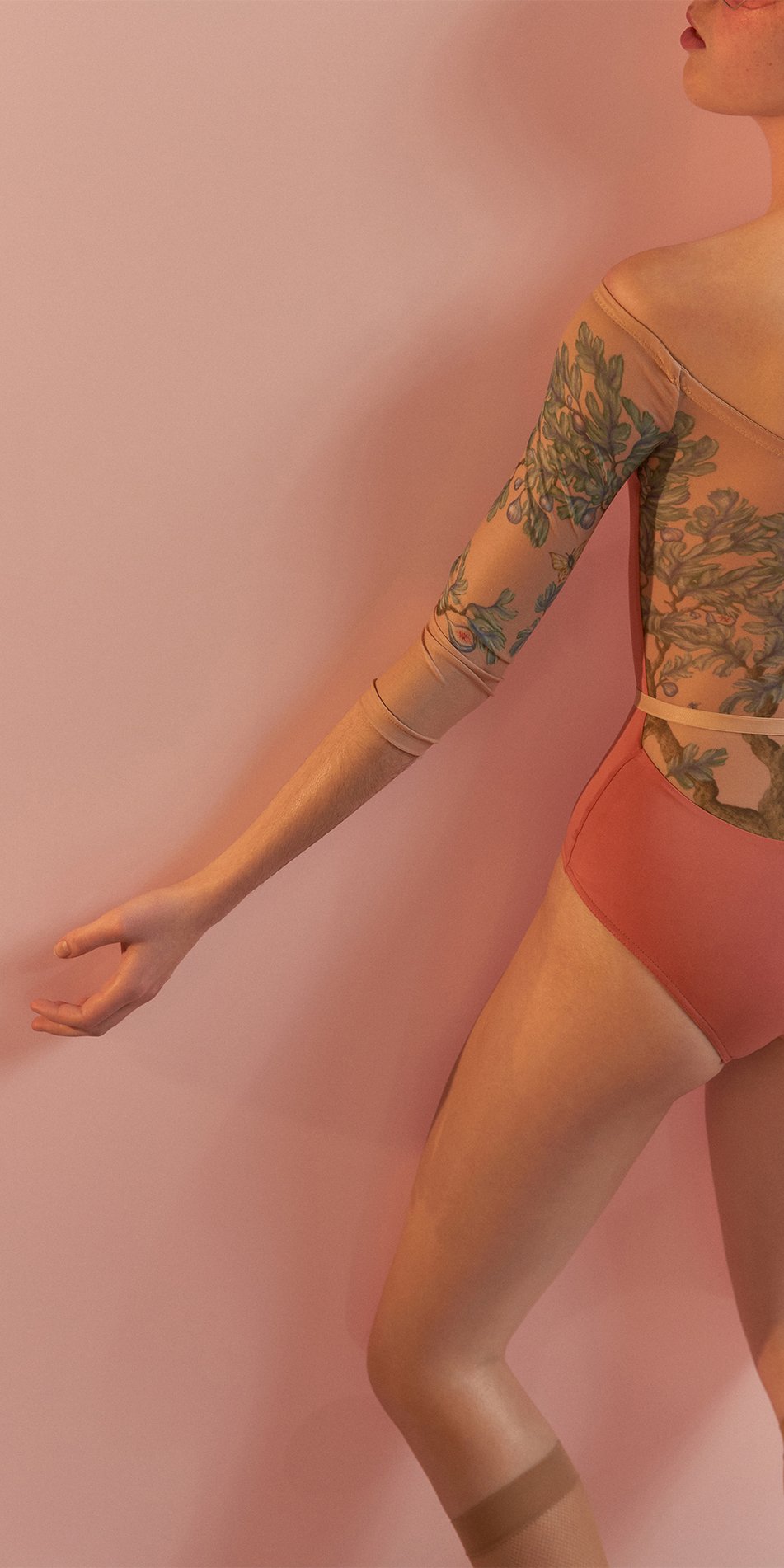 FIG TREE – coral low back layered leotard with tattoo