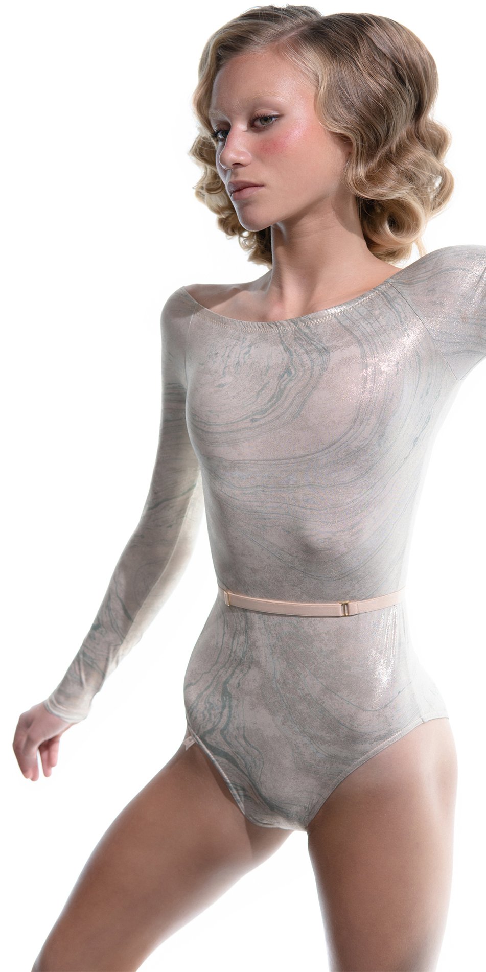 LUSTRE – gilded boatneck leotard with long sleeves – mint/gold