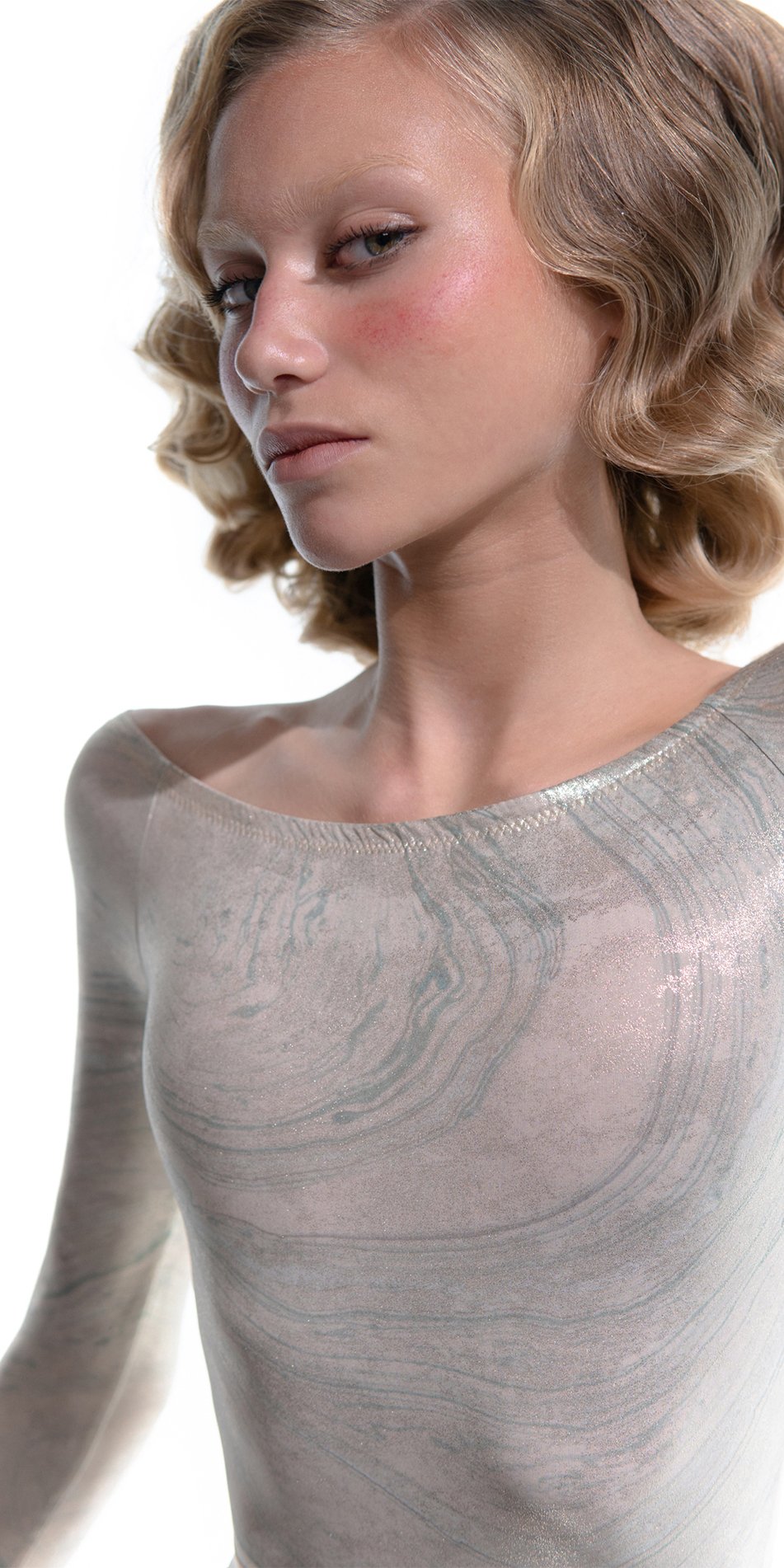 LUSTRE – gilded boatneck leotard with long sleeves – mint/gold