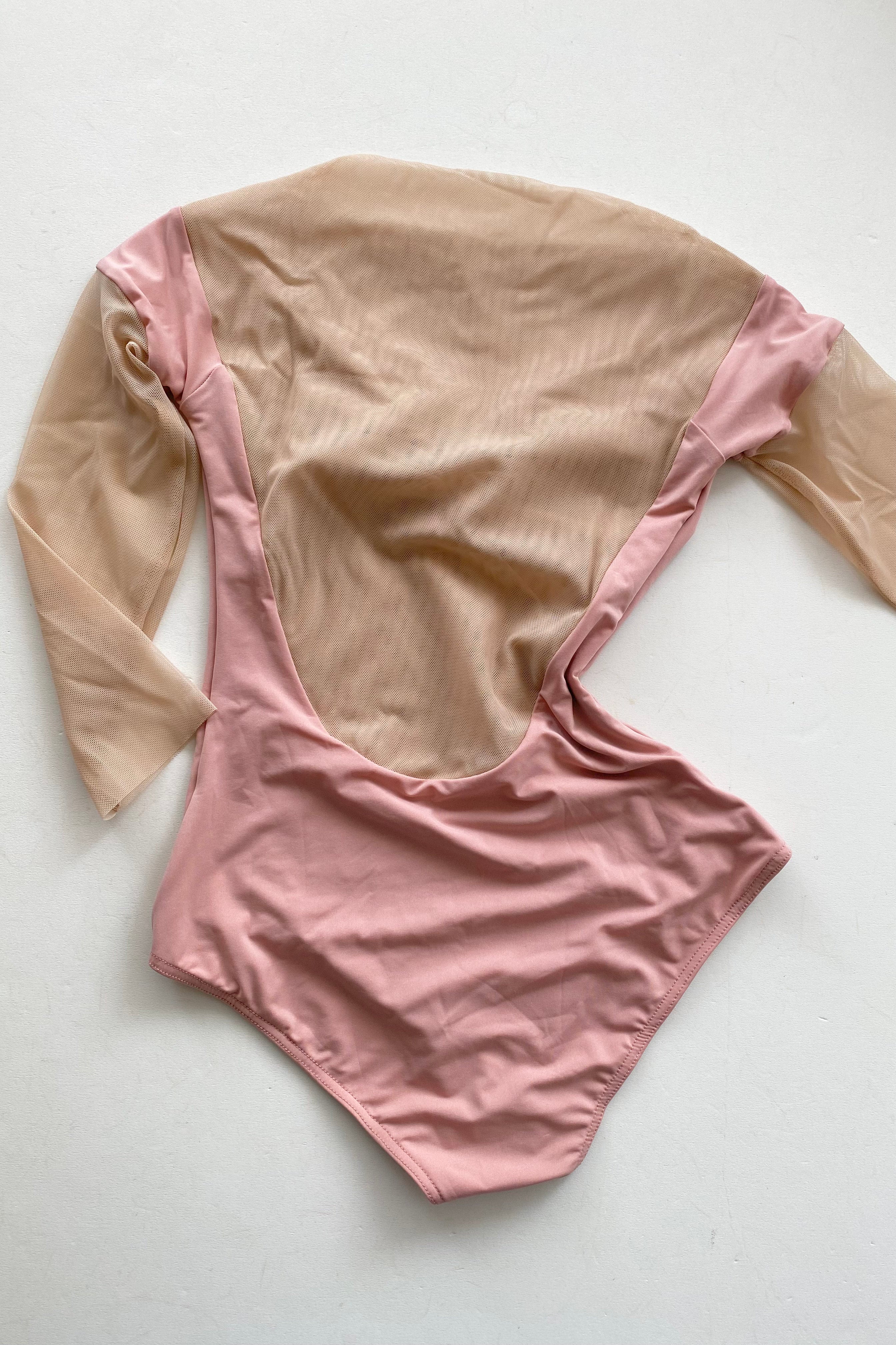 HEARTBREAKER – mustard off shoulder mesh décoletté leotard with 3/4 sleeves