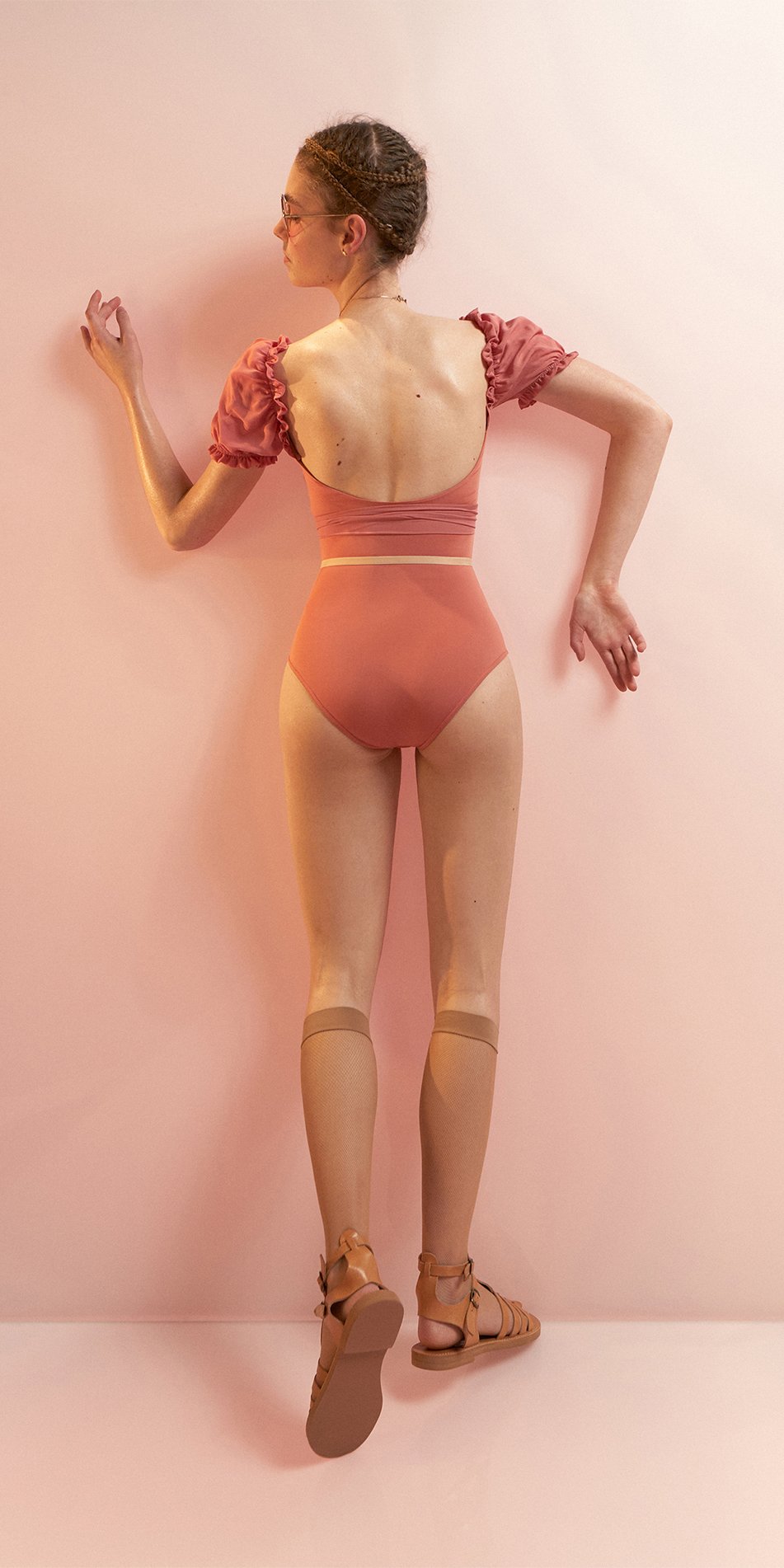DIRNDL – coral wrap leotard with short puff sleeves