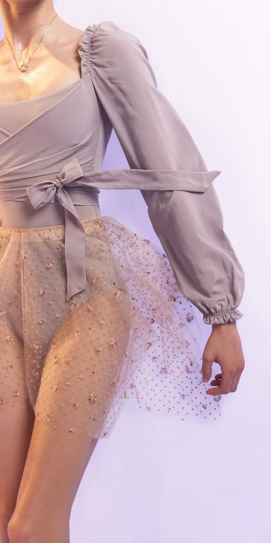 MEDITERRANEAN MEADOW – double layered short tulle skirt with embroidered flowers & flocked polka dots – nude/multicolor