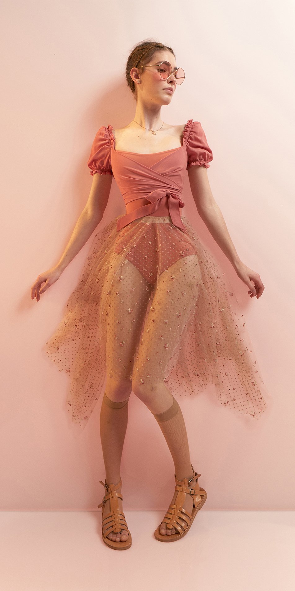 MEDITERRANEAN MEADOW – double layered long tulle skirt with embroidered flowers & flocked polka dots – nude/multicolor