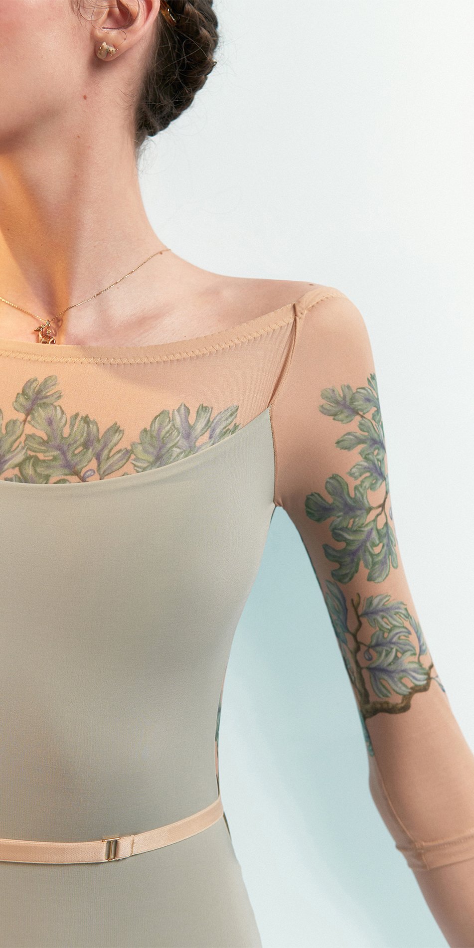 FIG TREE – sage low back layered leotard with tattoo