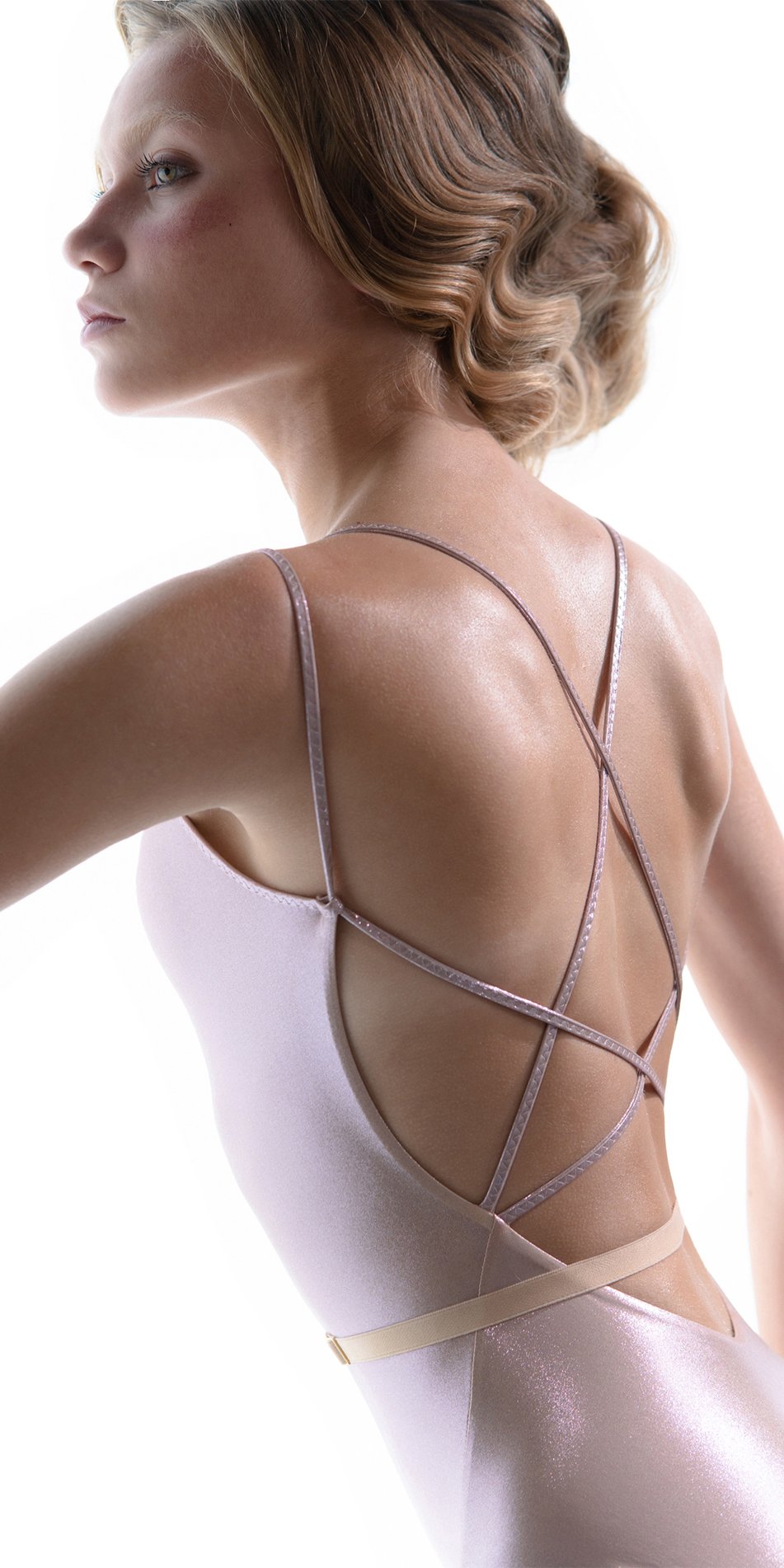 METALLIC – stringed back leotard – metallic blush