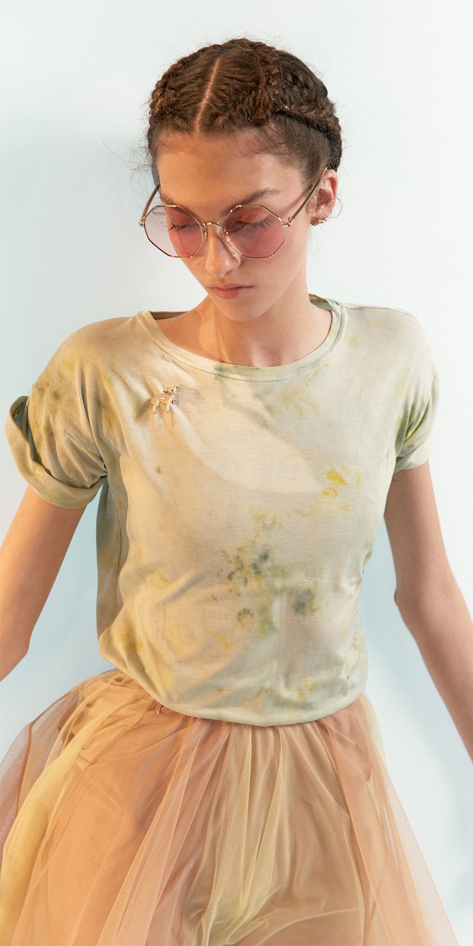 SUN-KISSED – hand dyed t-shirt with embroidered bugs – sage/multicolor