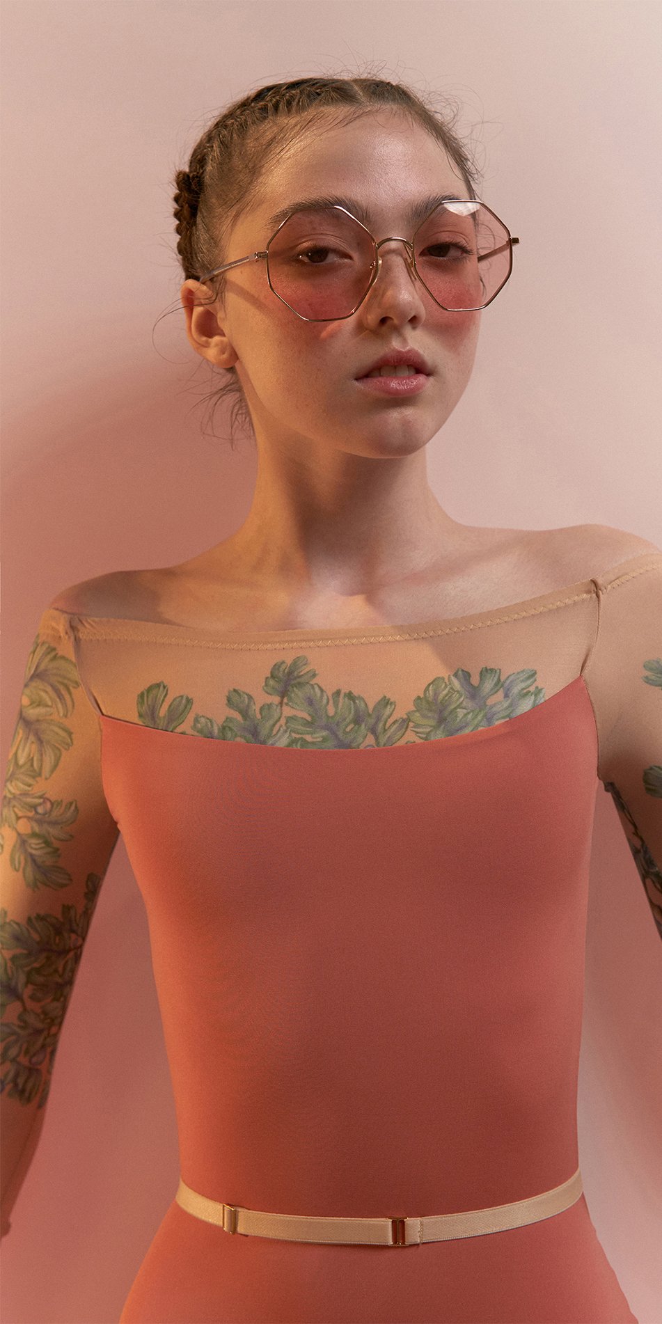 FIG TREE – coral low back layered leotard with tattoo