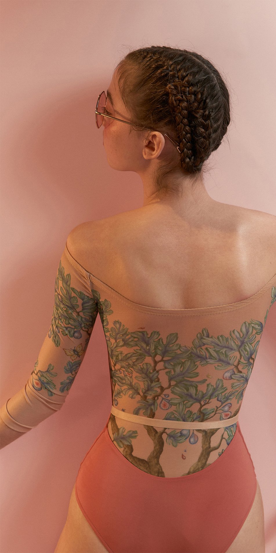 FIG TREE – coral low back layered leotard with tattoo