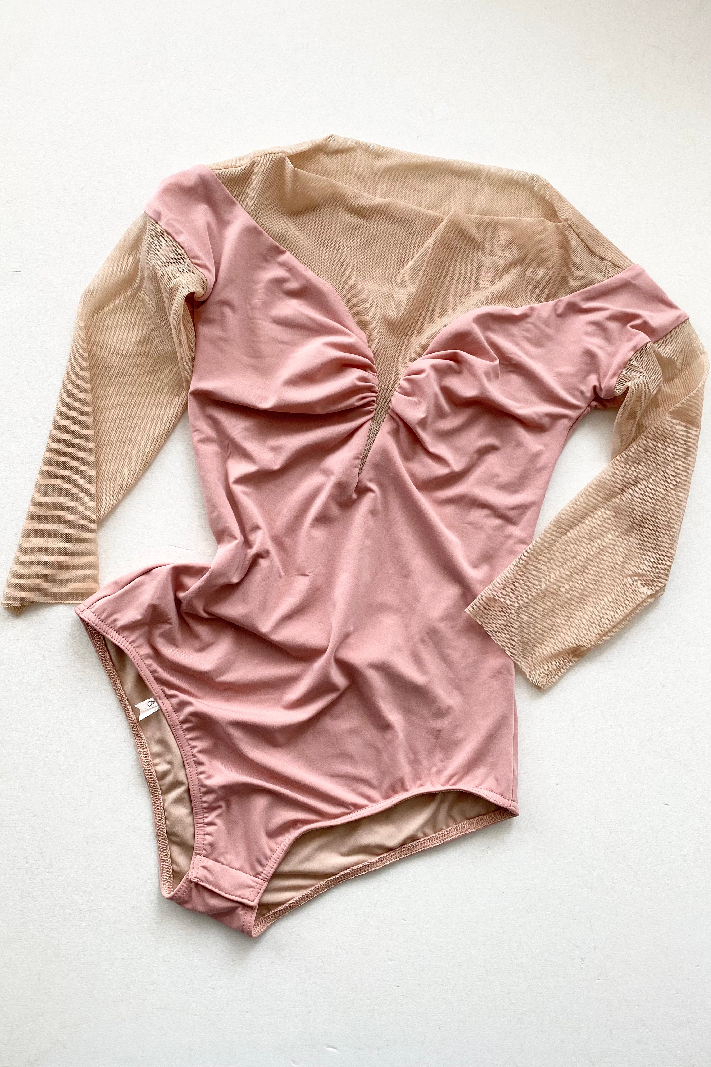 HEARTBREAKER – mustard off shoulder mesh décoletté leotard with 3/4 sleeves