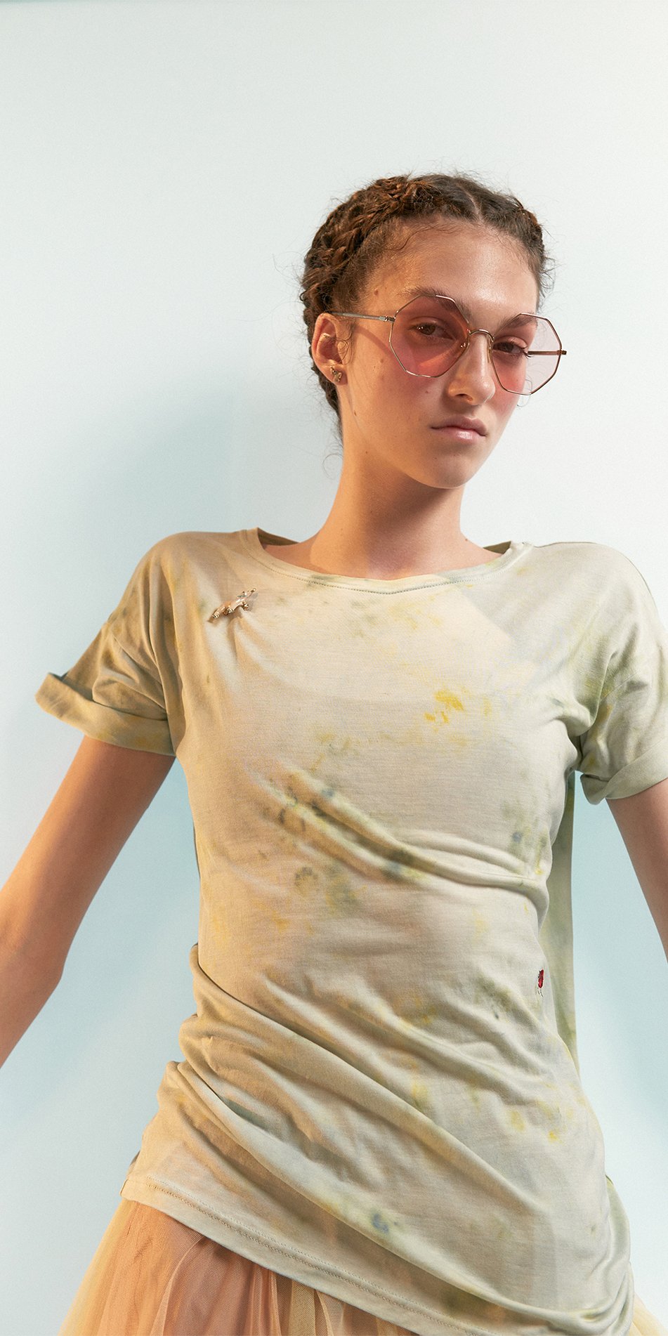 SUN-KISSED – hand dyed t-shirt with embroidered bugs – sage/multicolor