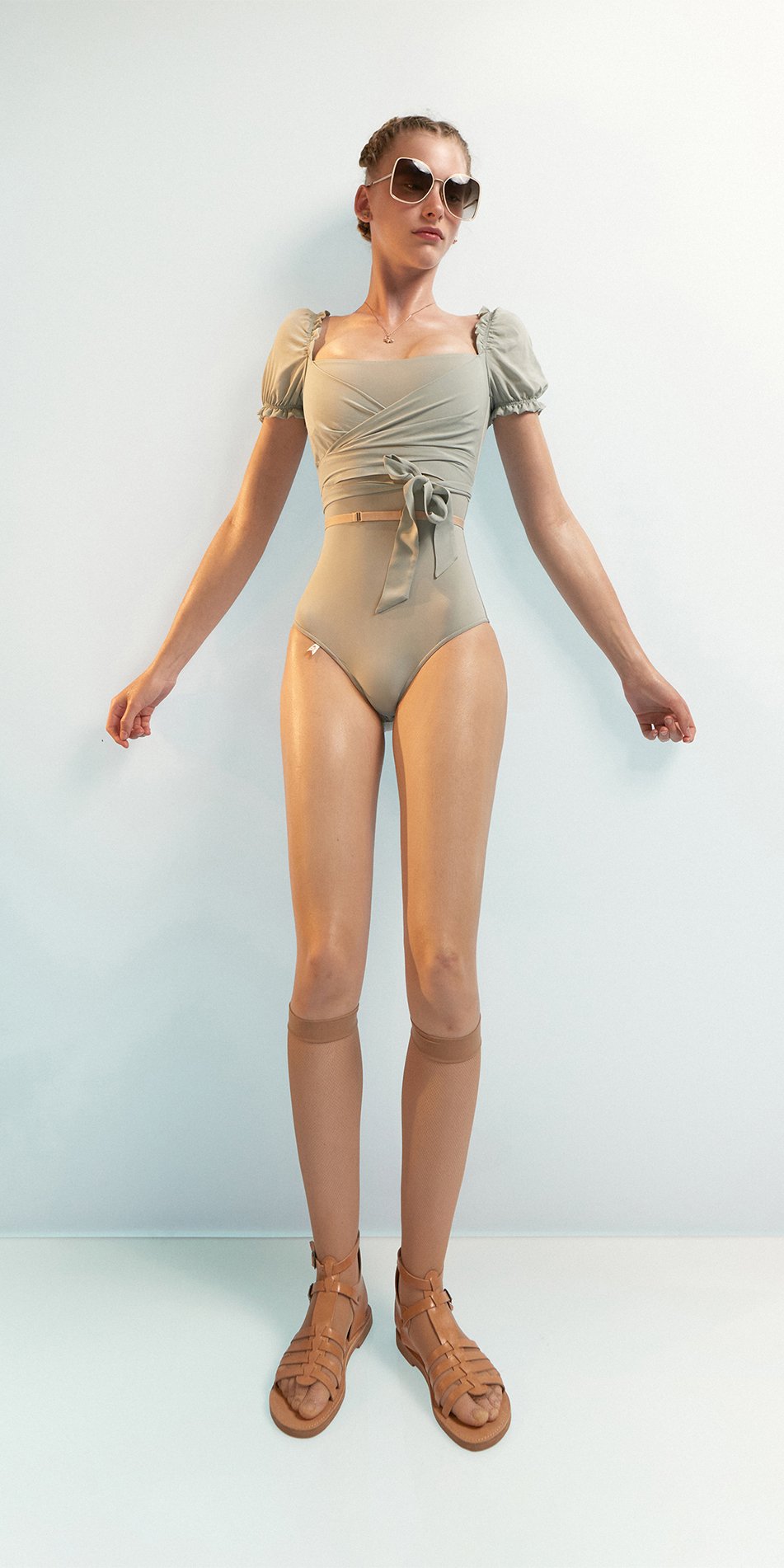 DIRNDL – sage wrap leotard with short puff sleeves