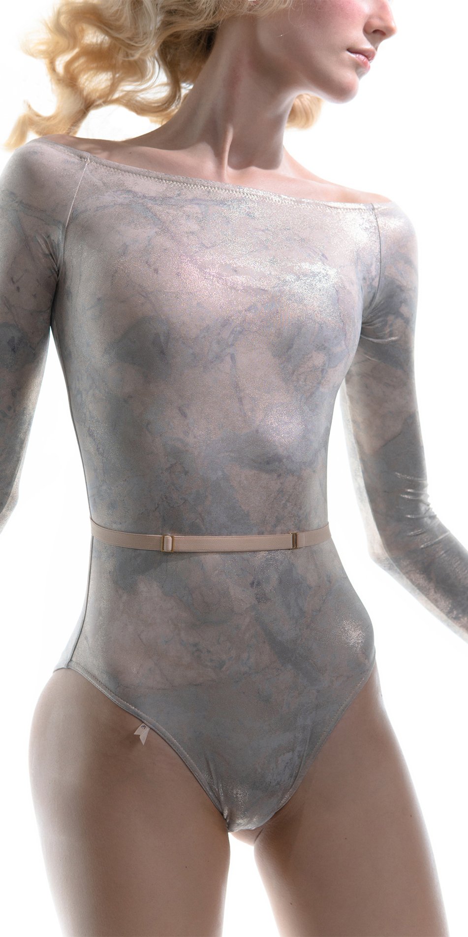 LUSTRE – gilded boatneck leotard with long sleeves – blue/gold