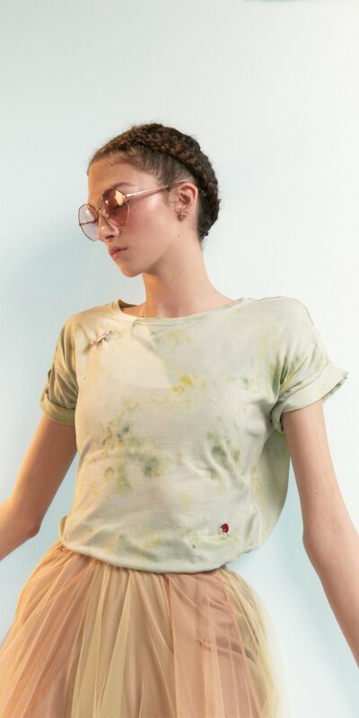 SUN-KISSED – hand dyed t-shirt with embroidered bugs – sage/multicolor