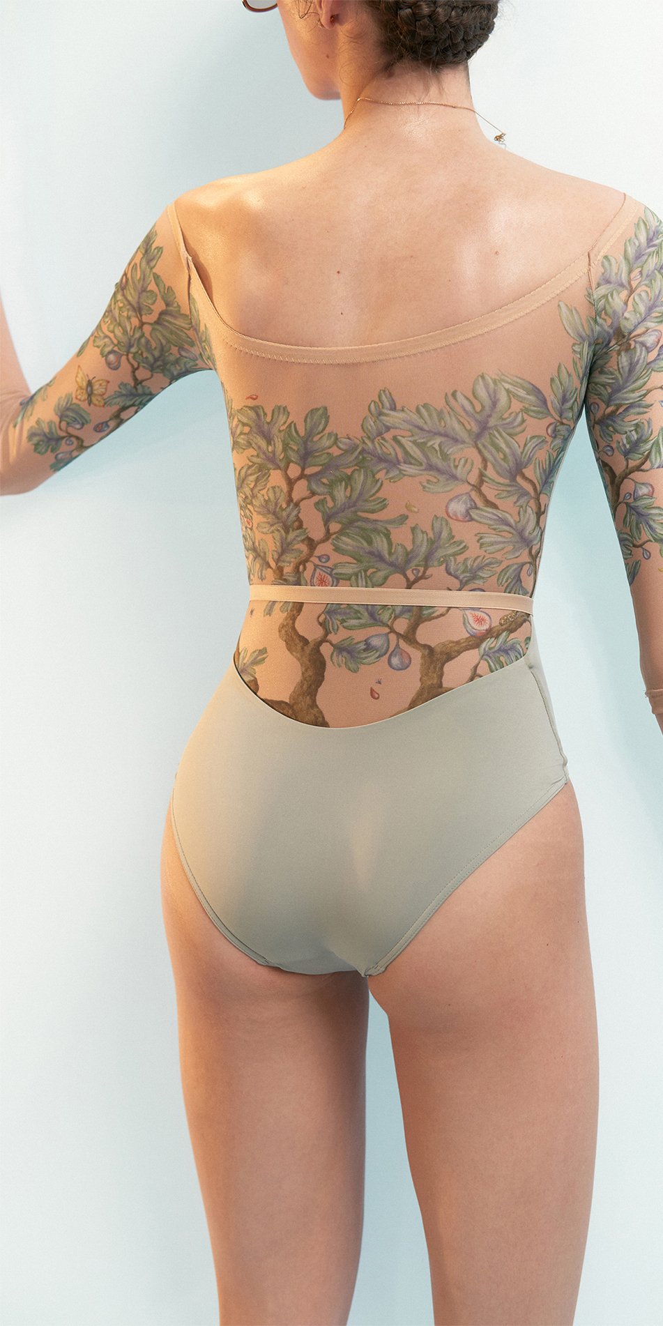 FIG TREE – sage low back layered leotard with tattoo