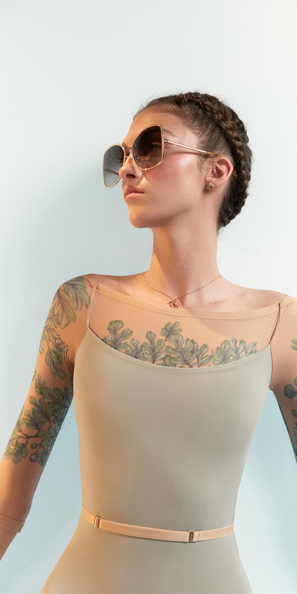 FIG TREE – sage low back layered leotard with tattoo