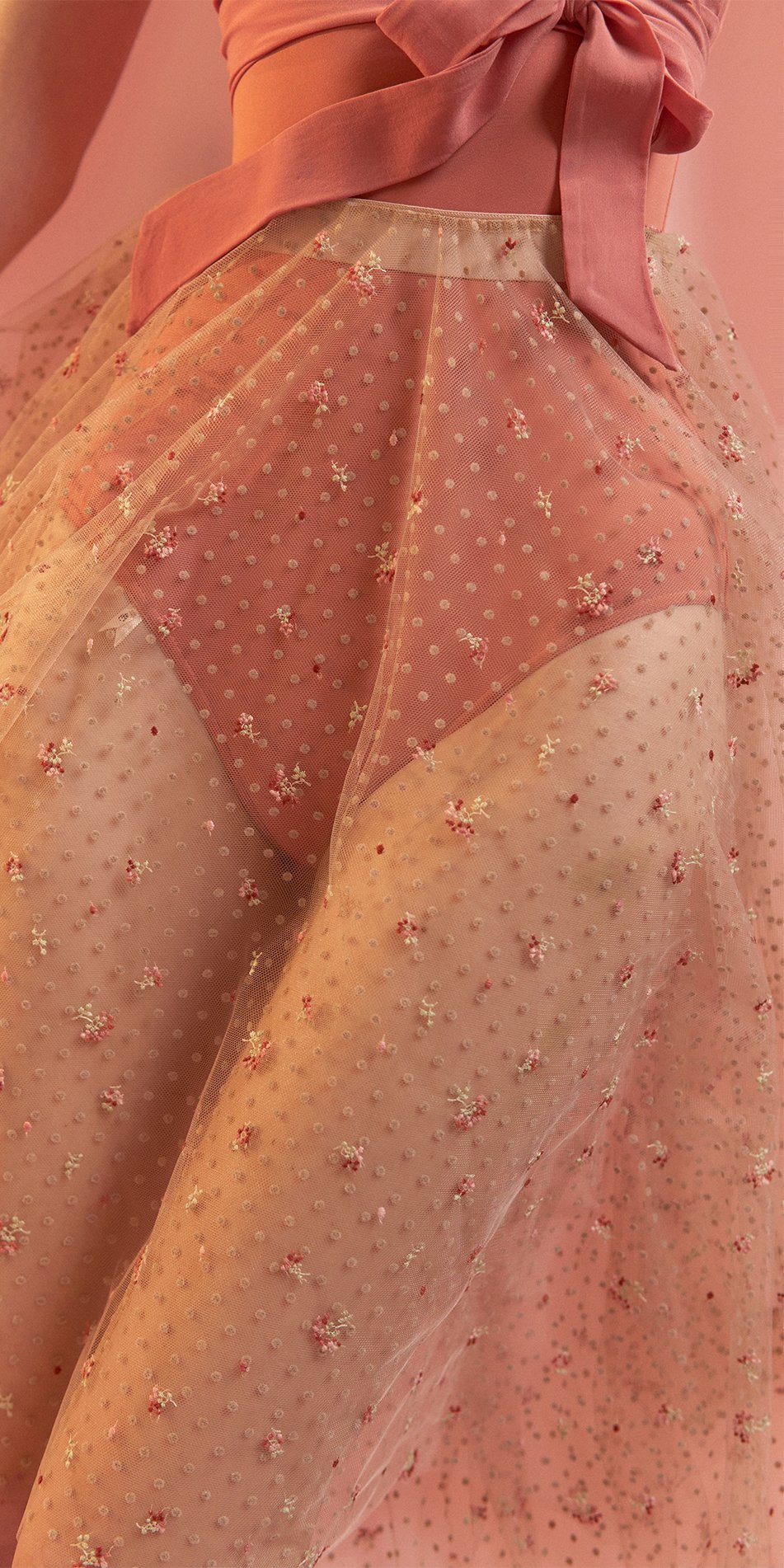 MEDITERRANEAN MEADOW – double layered long tulle skirt with embroidered flowers & flocked polka dots – nude/multicolor