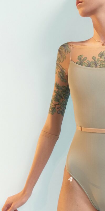 FIG TREE – sage low back layered leotard with tattoo