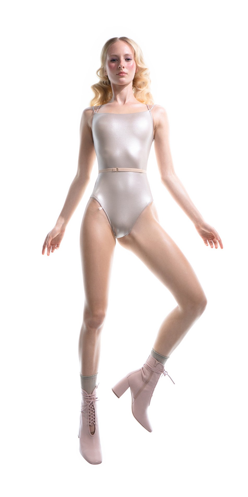 METALLIC – stringed back leotard – metallic pearl