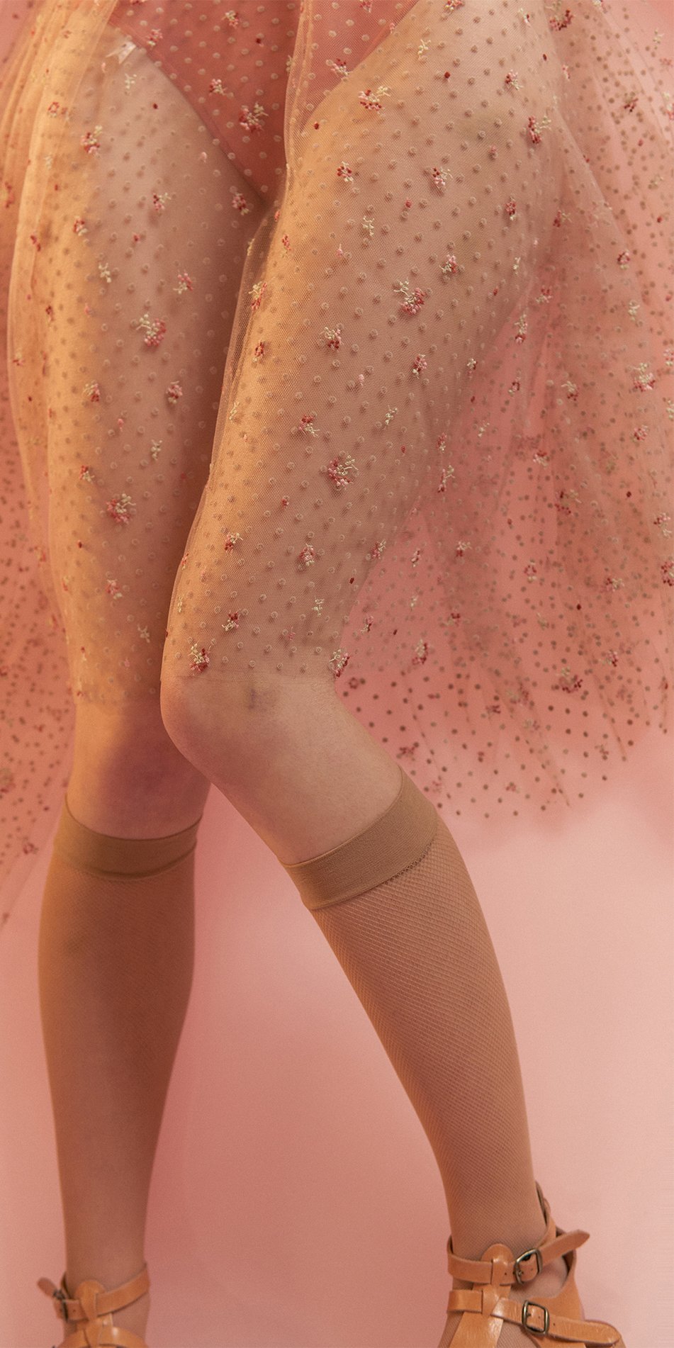 MEDITERRANEAN MEADOW – double layered long tulle skirt with embroidered flowers & flocked polka dots – nude/multicolor