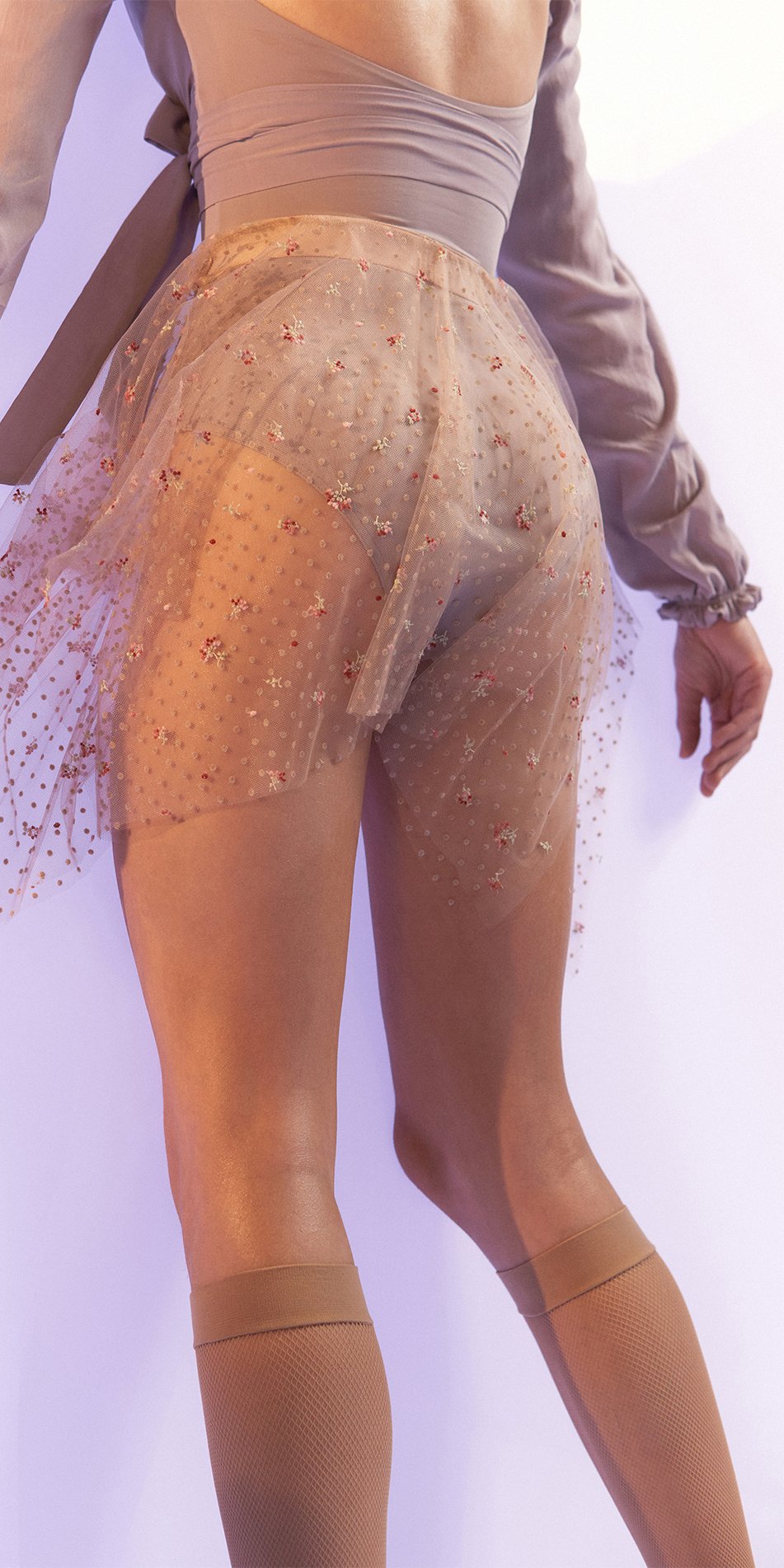 MEDITERRANEAN MEADOW – double layered short tulle skirt with embroidered flowers & flocked polka dots – nude/multicolor