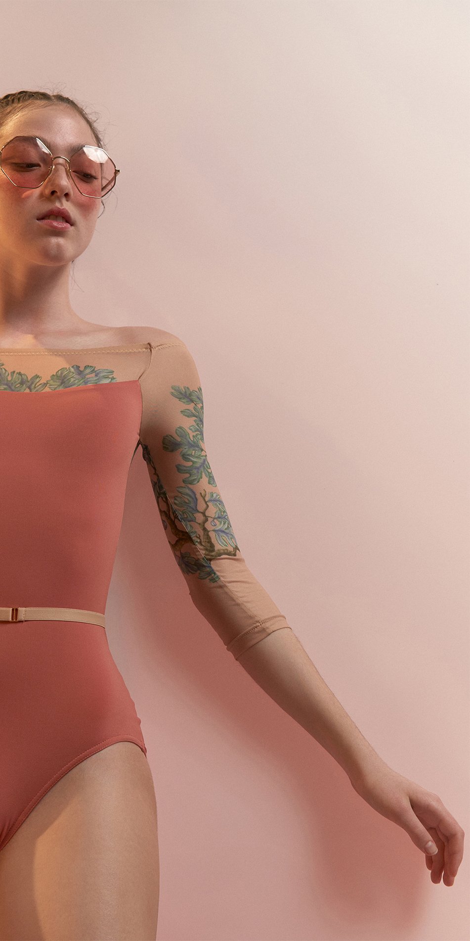FIG TREE – coral low back layered leotard with tattoo