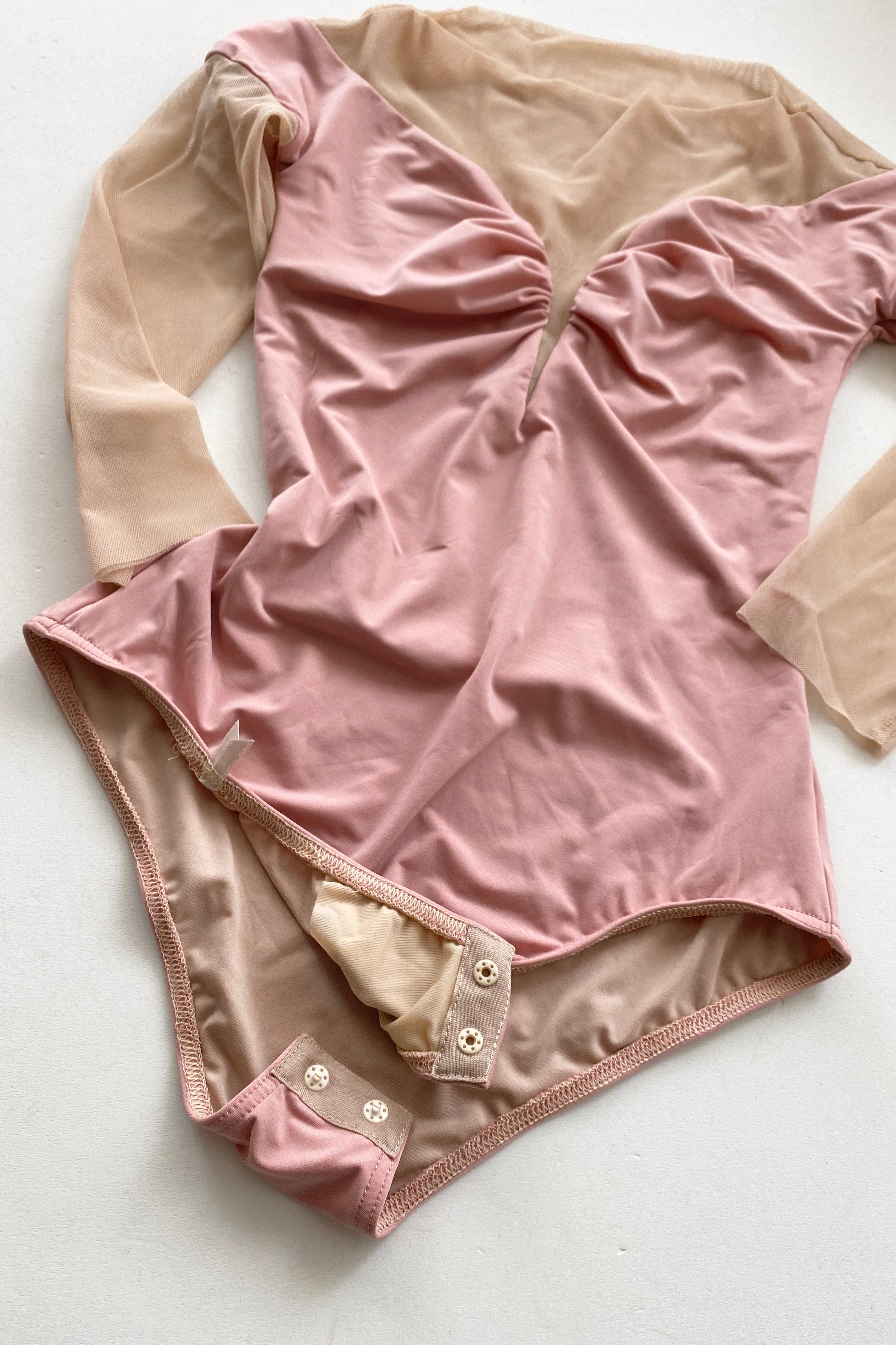 HEARTBREAKER – mustard off shoulder mesh décoletté leotard with 3/4 sleeves