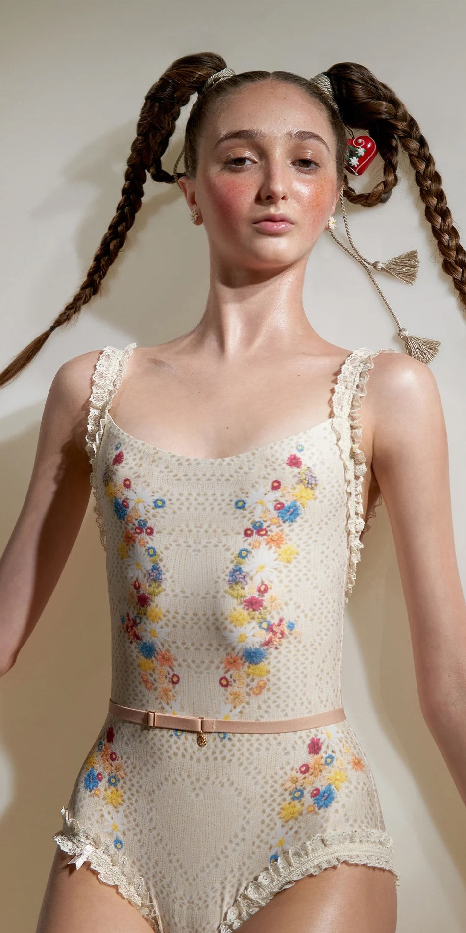 EDELWEISS – embroidery print embellished leotard with straps – edelweiss/multicolor