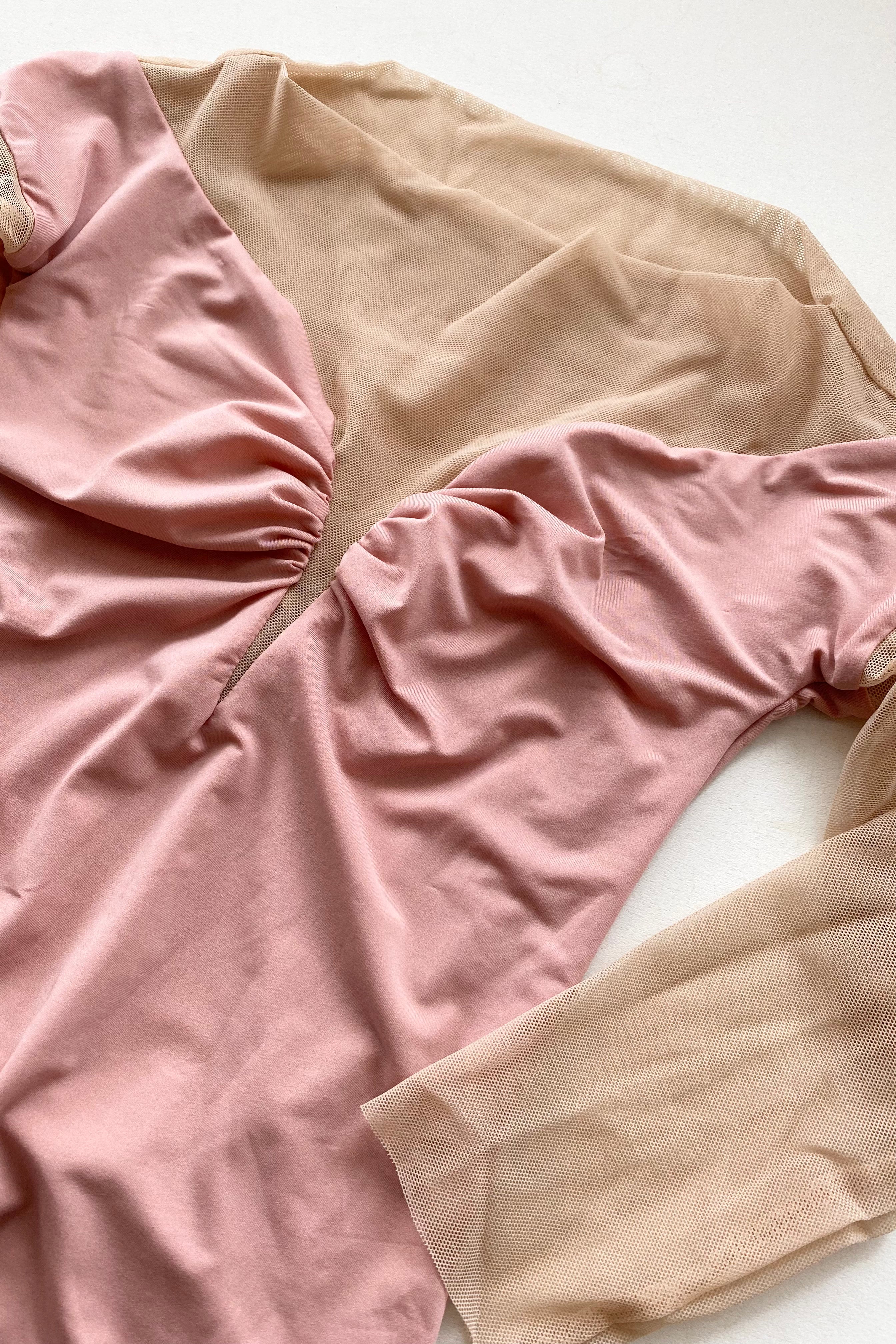 HEARTBREAKER – mustard off shoulder mesh décoletté leotard with 3/4 sleeves