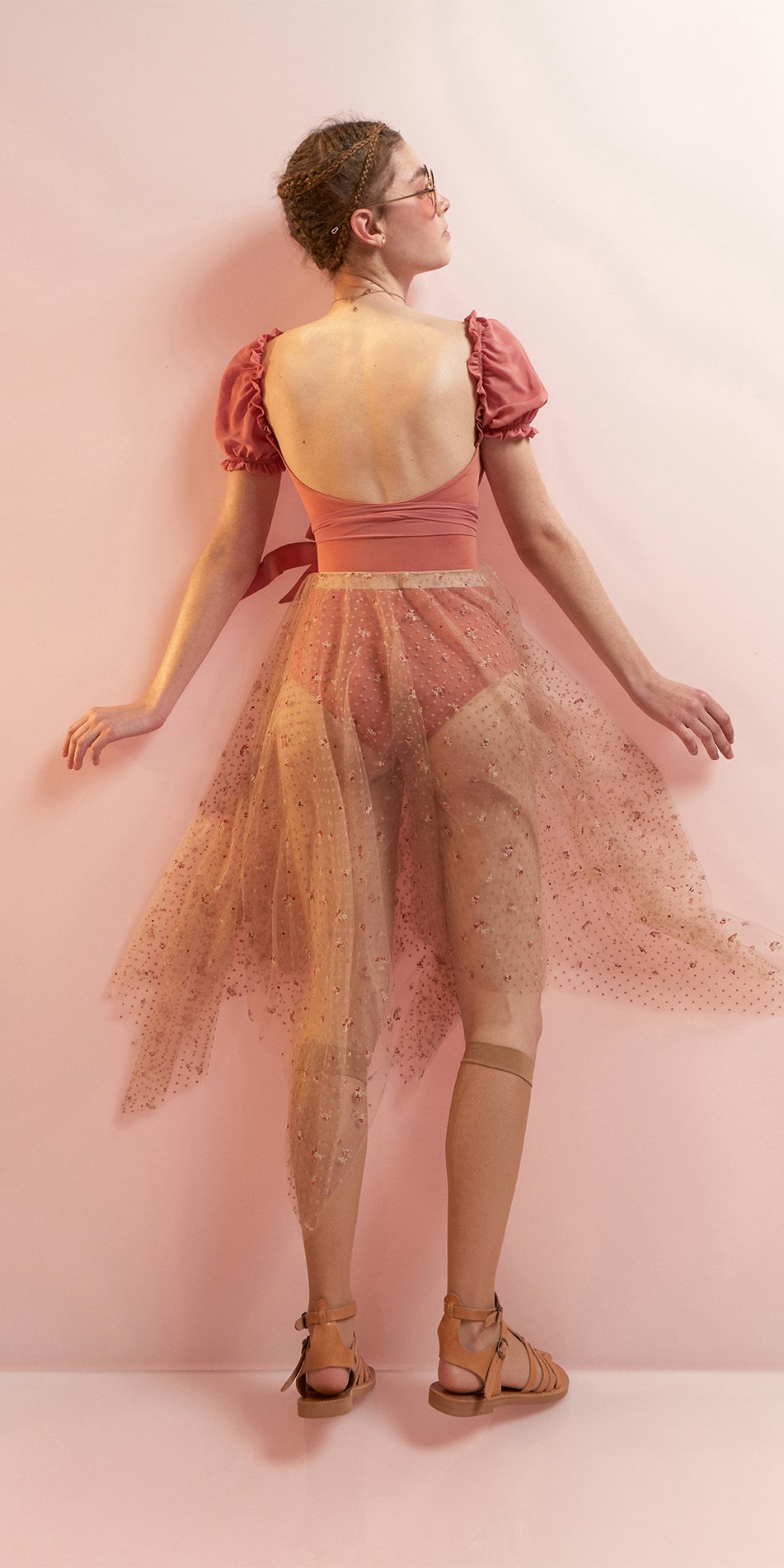 MEDITERRANEAN MEADOW – double layered long tulle skirt with embroidered flowers & flocked polka dots – nude/multicolor