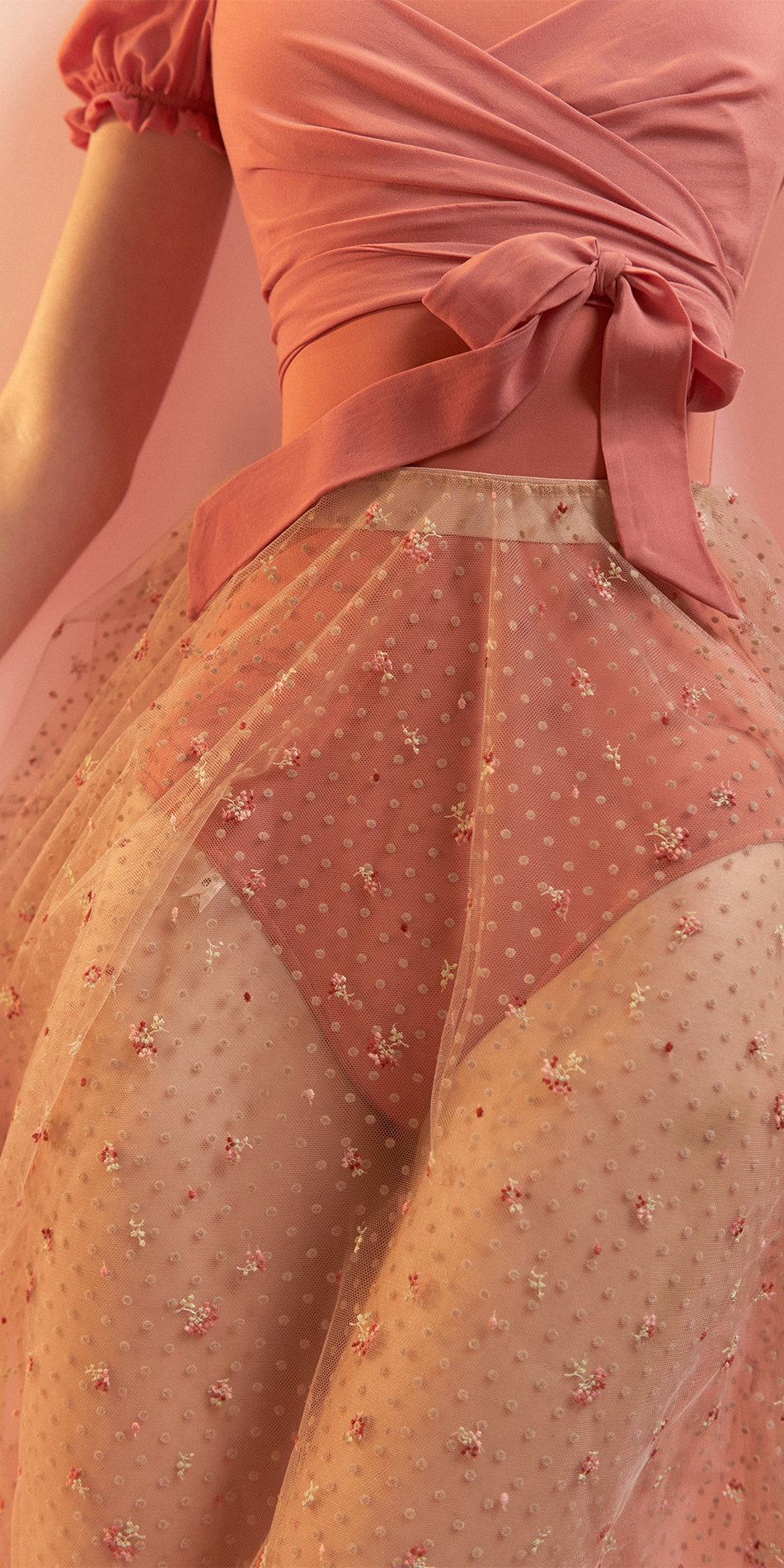 MEDITERRANEAN MEADOW – double layered long tulle skirt with embroidered flowers & flocked polka dots – nude/multicolor