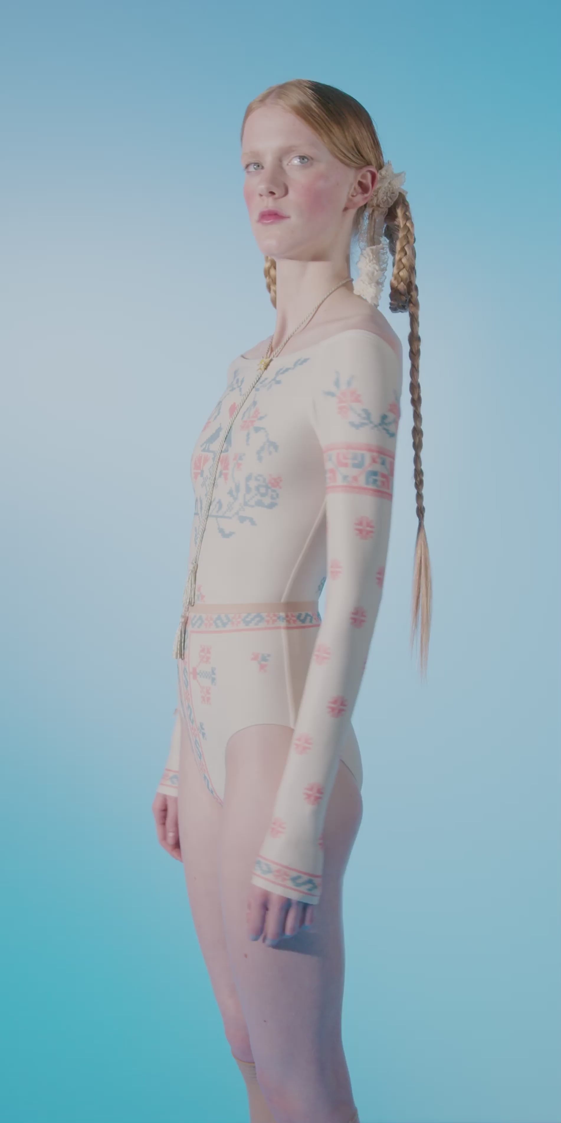 ALPINIA – cross stitch print boatneck leotard with sleeves | EDELWEISS/ALPINIA