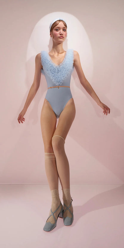 ［予約アイテム］CHANTILLY – ruffle tulle décolleté leotard – baby blue