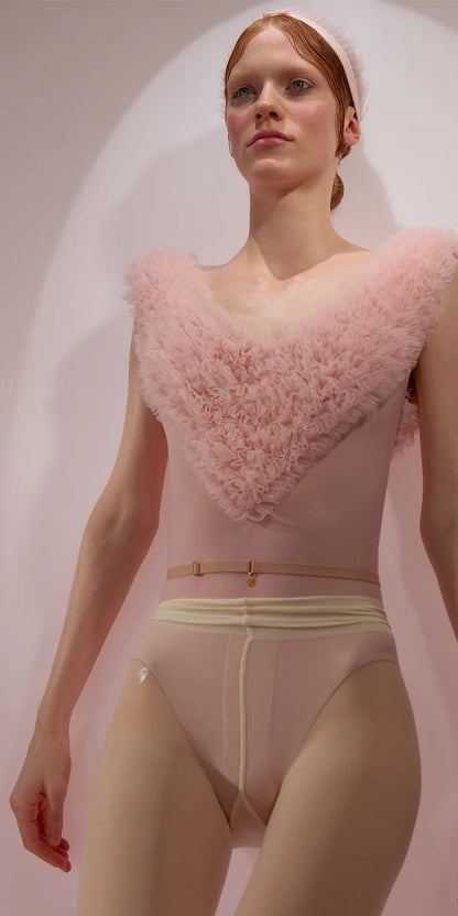 ［予約アイテム］CHANTILLY – ruffle tulle décolleté leotard – baby blush