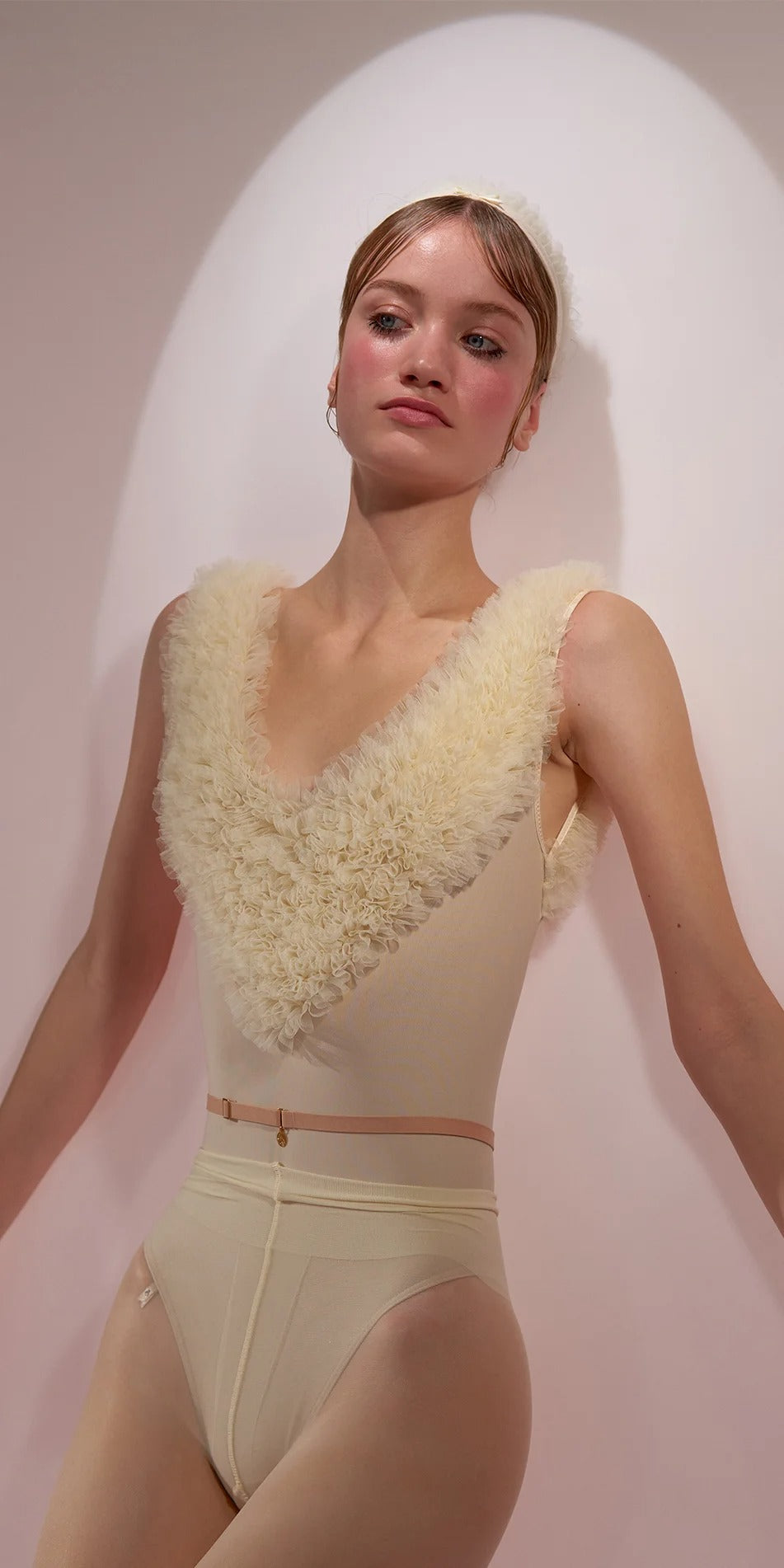 ［予約アイテム］CHANTILLY – ruffle tulle décolleté leotard – edelweiss