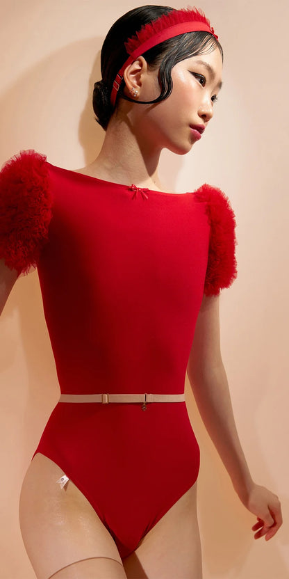 ［予約アイテム］CHANTILLY – ruffle tulle short sleeve leotard – cherry red