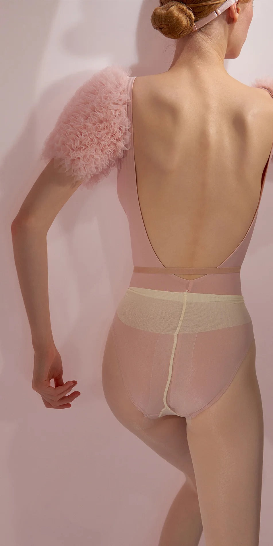 ［予約アイテム］CHANTILLY – ruffle tulle short sleeve leotard – baby blush