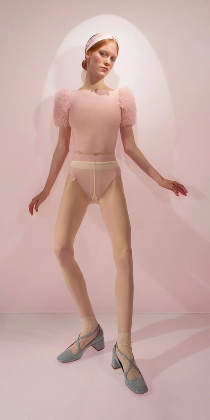 ［予約アイテム］CHANTILLY – ruffle tulle short sleeve leotard – baby blush