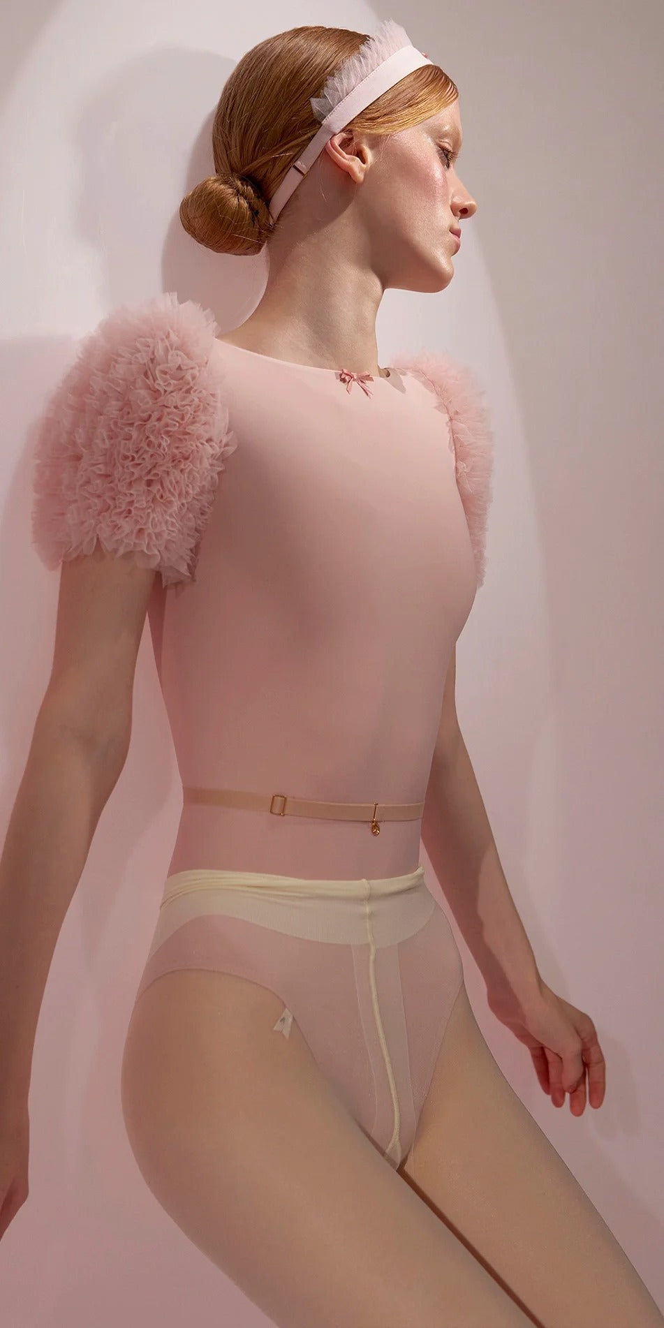 ［予約アイテム］CHANTILLY – ruffle tulle short sleeve leotard – baby blush