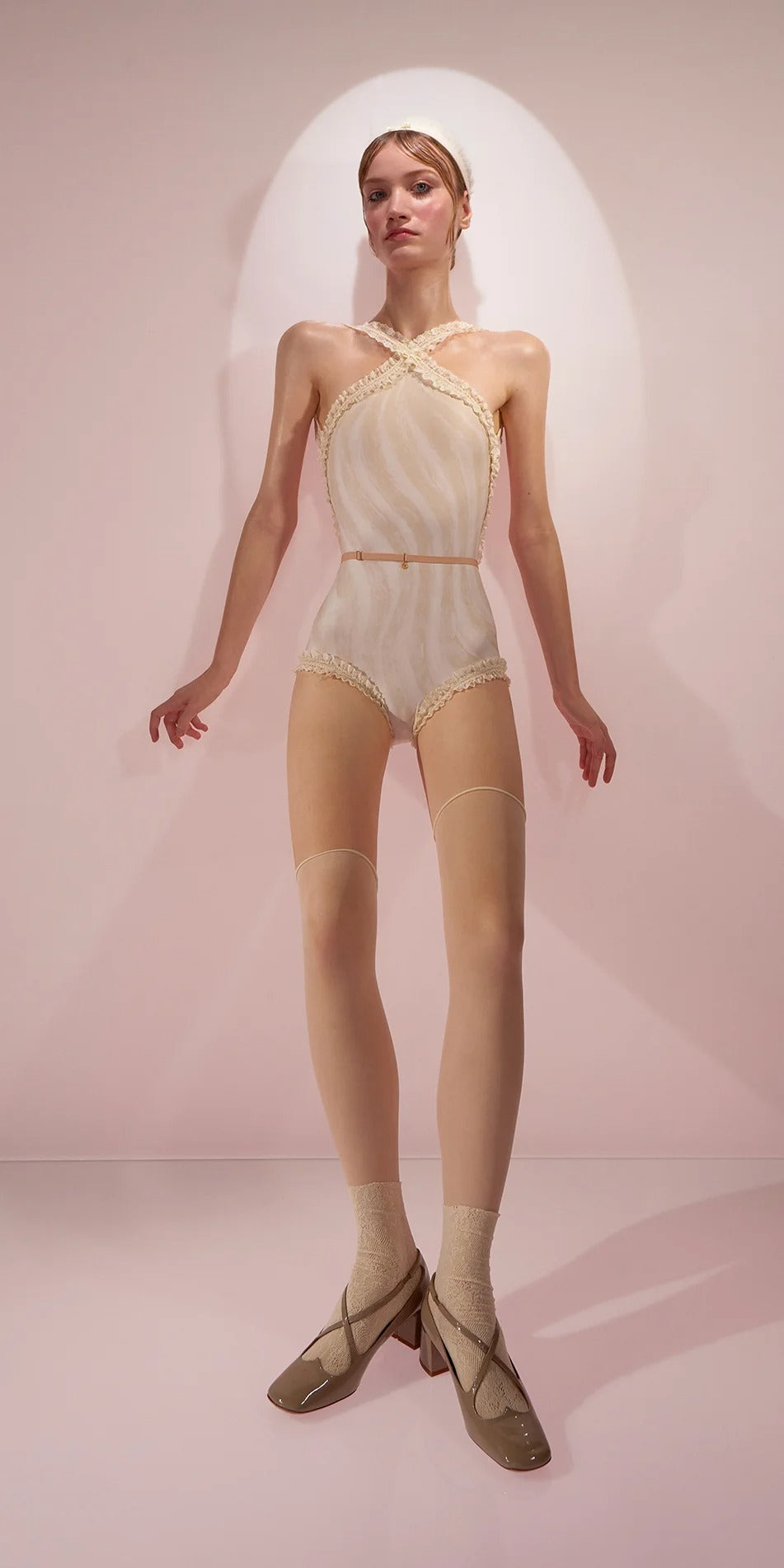 ［予約アイテム］CUPCAKE – printed leotard embellished with elastic lace – edelweiss/nude