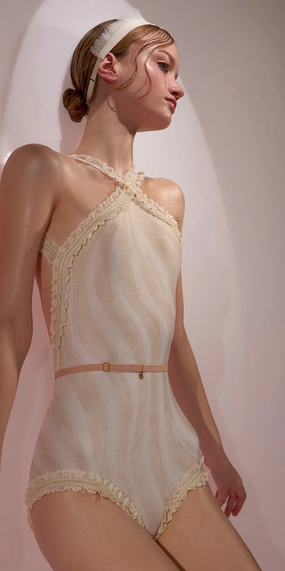 ［予約アイテム］CUPCAKE – printed leotard embellished with elastic lace – edelweiss/nude