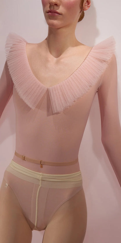 ［予約アイテム］GRAND – décolleté leotard with pleated tutu collar – baby blush